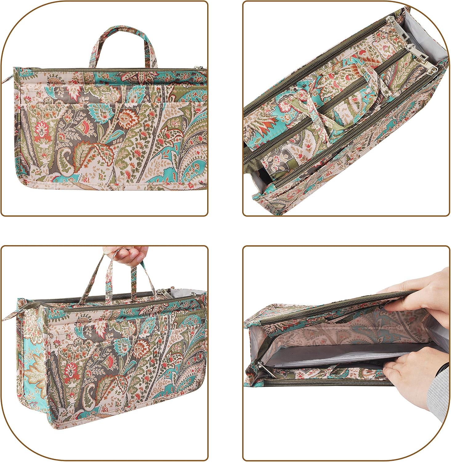 Vercord Patterned Purse Handbag Tote Pocketbook Bag Organizer Insert with Zipper Handle for Women Large Peacock Flower image 4