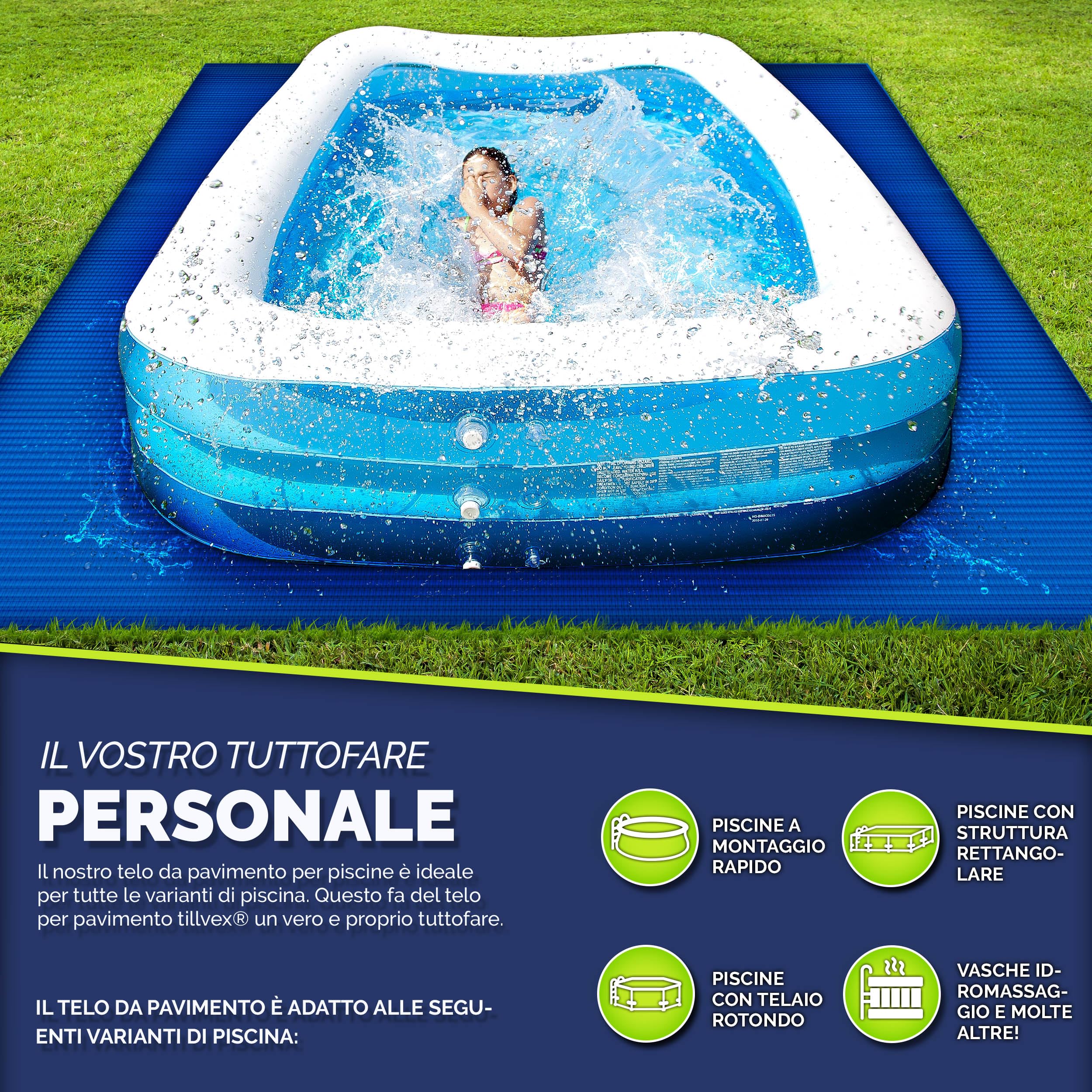 tillvex® Telo di copertura per piscina di alta qualità, 488 x 488 cm, quadrato fino a Ø 457 cm | Telone protettivo per il pavimento, 250 g/m², resistente ai raggi UV, resistente agli strappi
