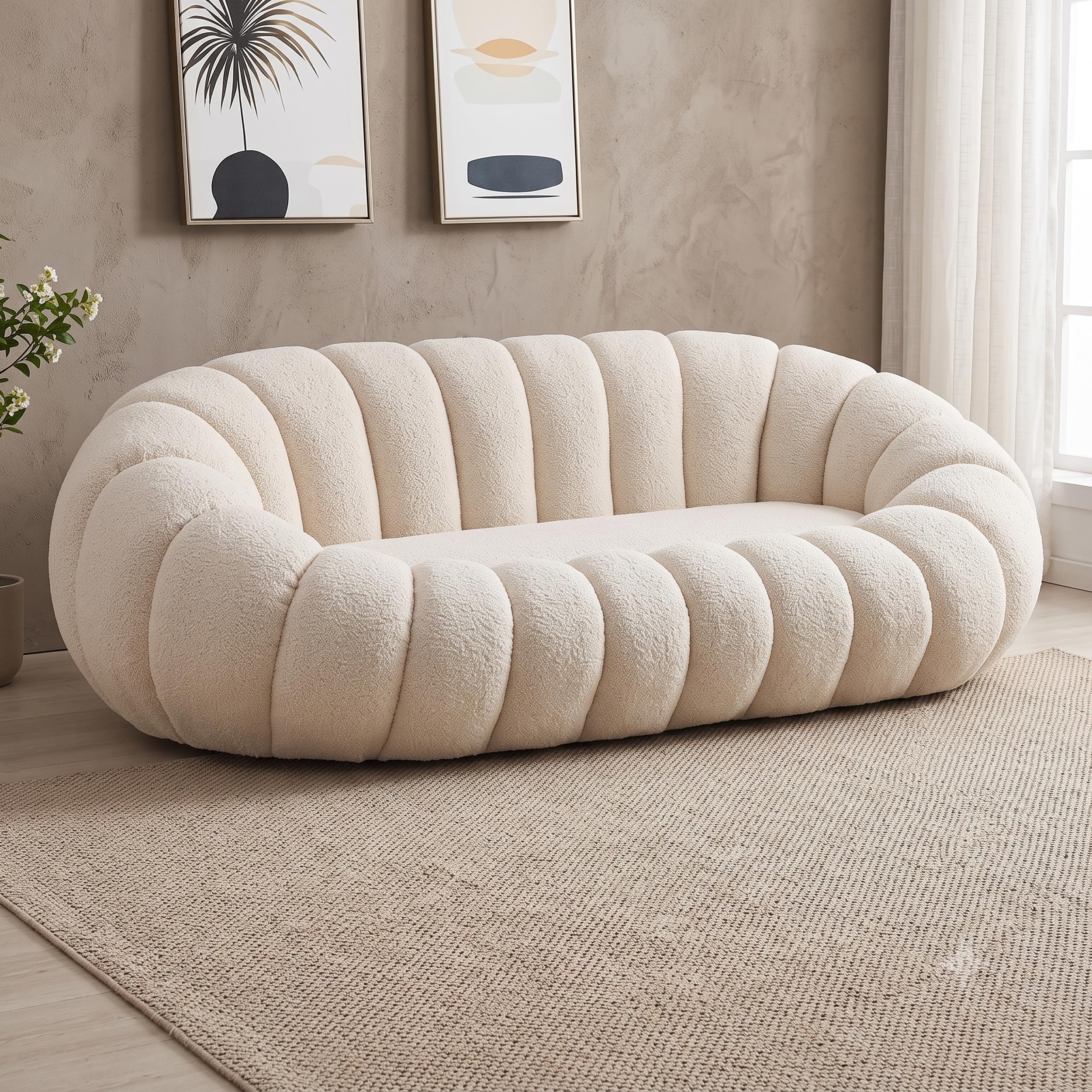CRAFTCITY Pumpkin Style Wooden Sofa | Contemporary Wool Sofa with Swen Pillow Back for Living Room (Beige, 3 Seater)-image-17