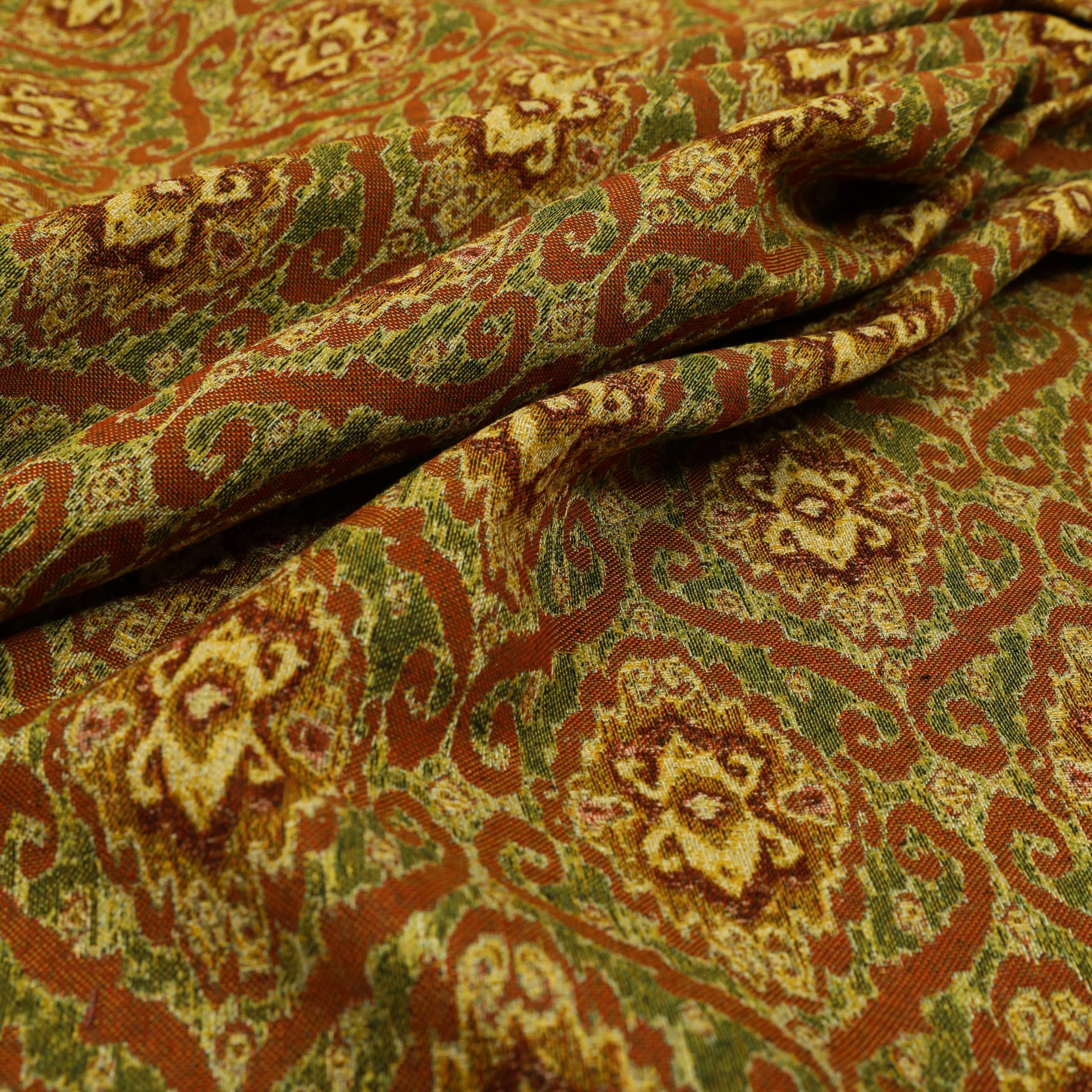 Redbrick Mill Fabrics Flame Retardant Orange Green All Over Damask Pattern Chenille Jacquard Upholstery Fabrics (Per Metre)