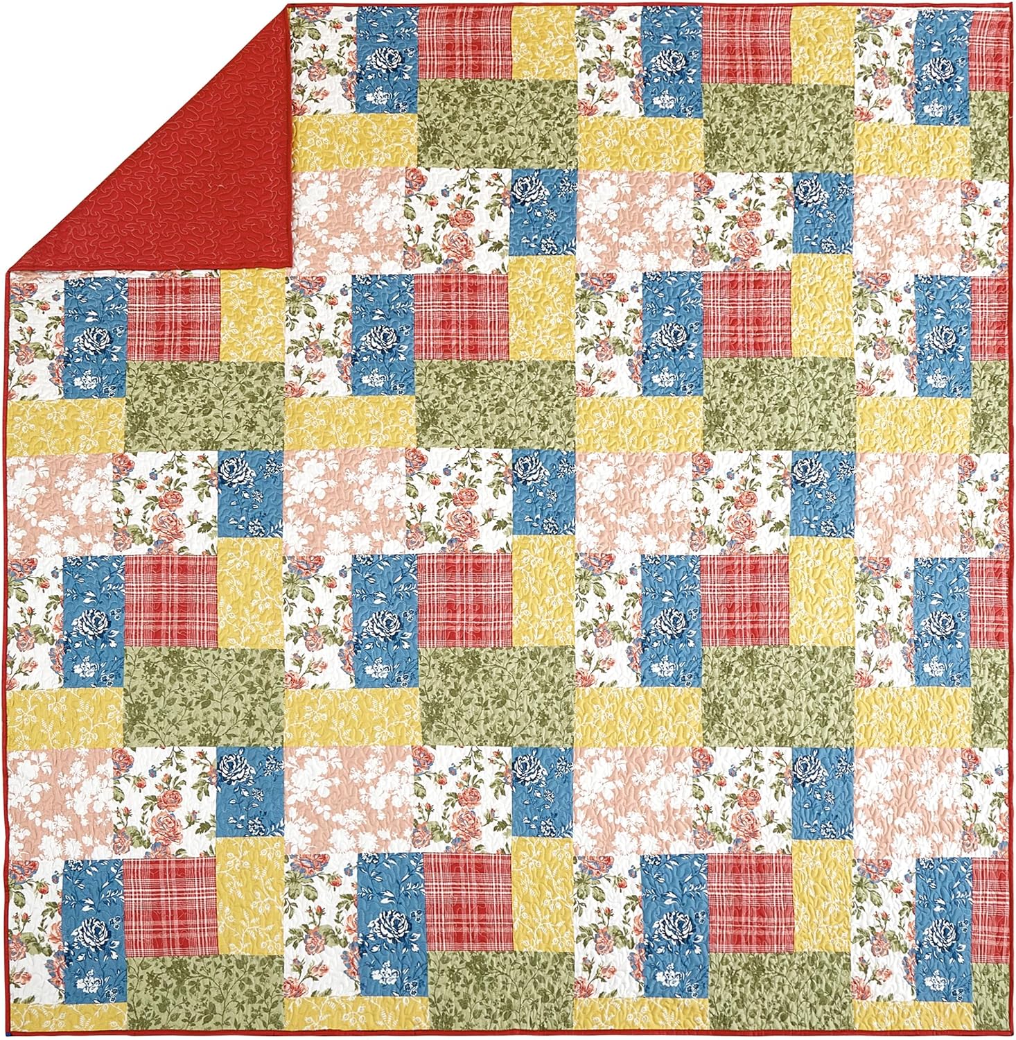Farmhouse Florals Quilt with 1 Sham, Patchwork Printed 2-Piece All Seasons Microfiber Quilt Set, Lightweight Coverlet Set - Twin Size, Red Blue Yellow