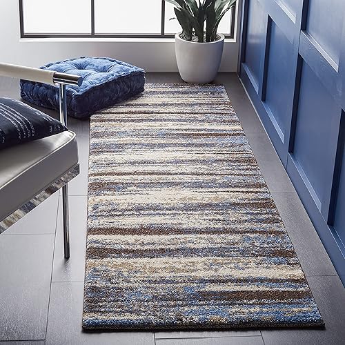 SAFAVIEH Retro Collection - Alfombra de pasillo de 2 pies 3 pulgadas x 13 pies, color crema y azul, diseño abstracto moderno, no desprende pelusa y