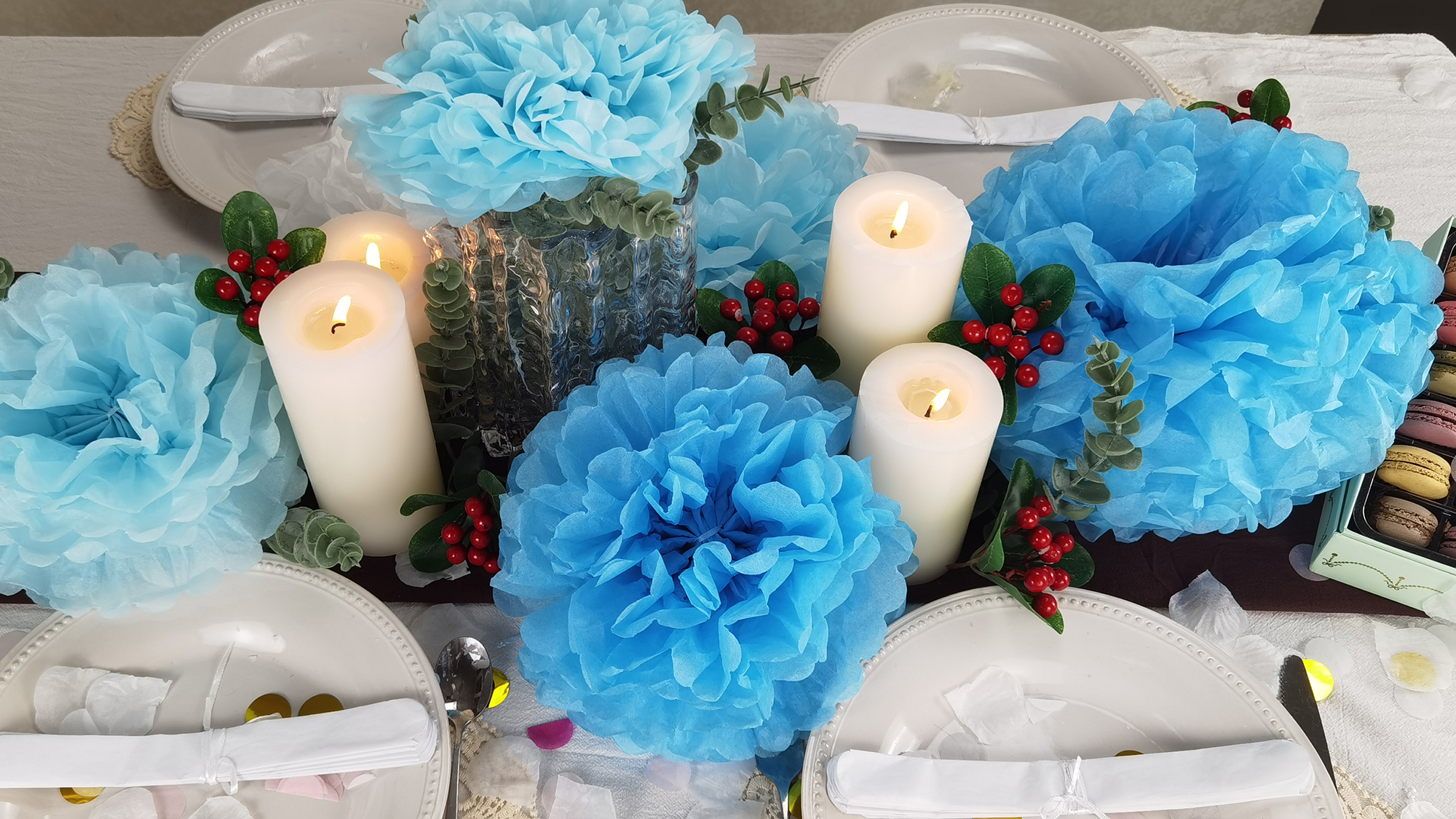 15 Pompon Di Carta Velina Per Decorazioni Feste - 25, 30, 35 Cm, 5 Colori (Blu, Rosa, Verde, Giallo, Arancio) - Per Matrimoni, Compleanni