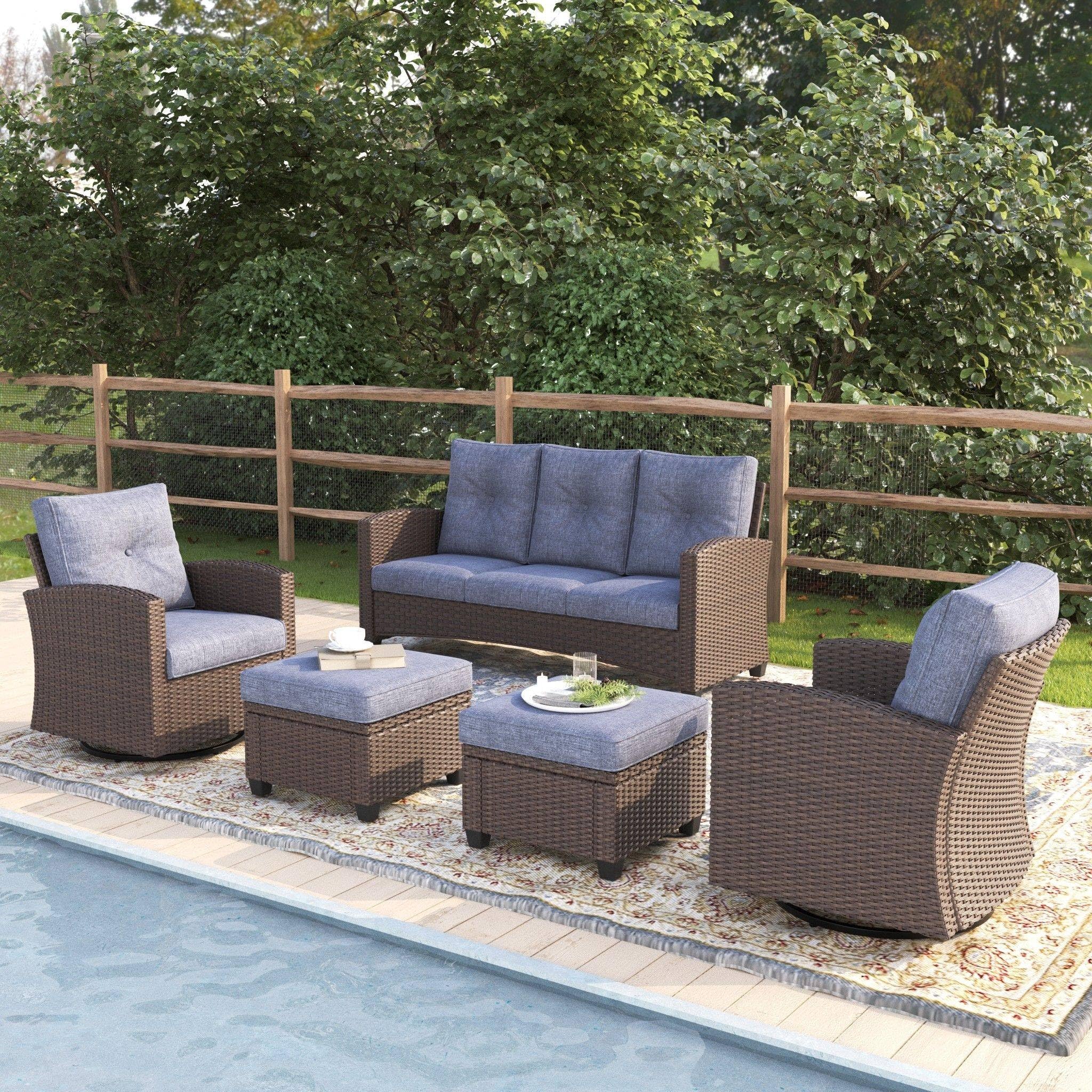 Vakollia 5 Pieces Patio Furniture Swivel Chairs Set, Outdoor Wicker Glider Rocking Chairs with Sofa Set