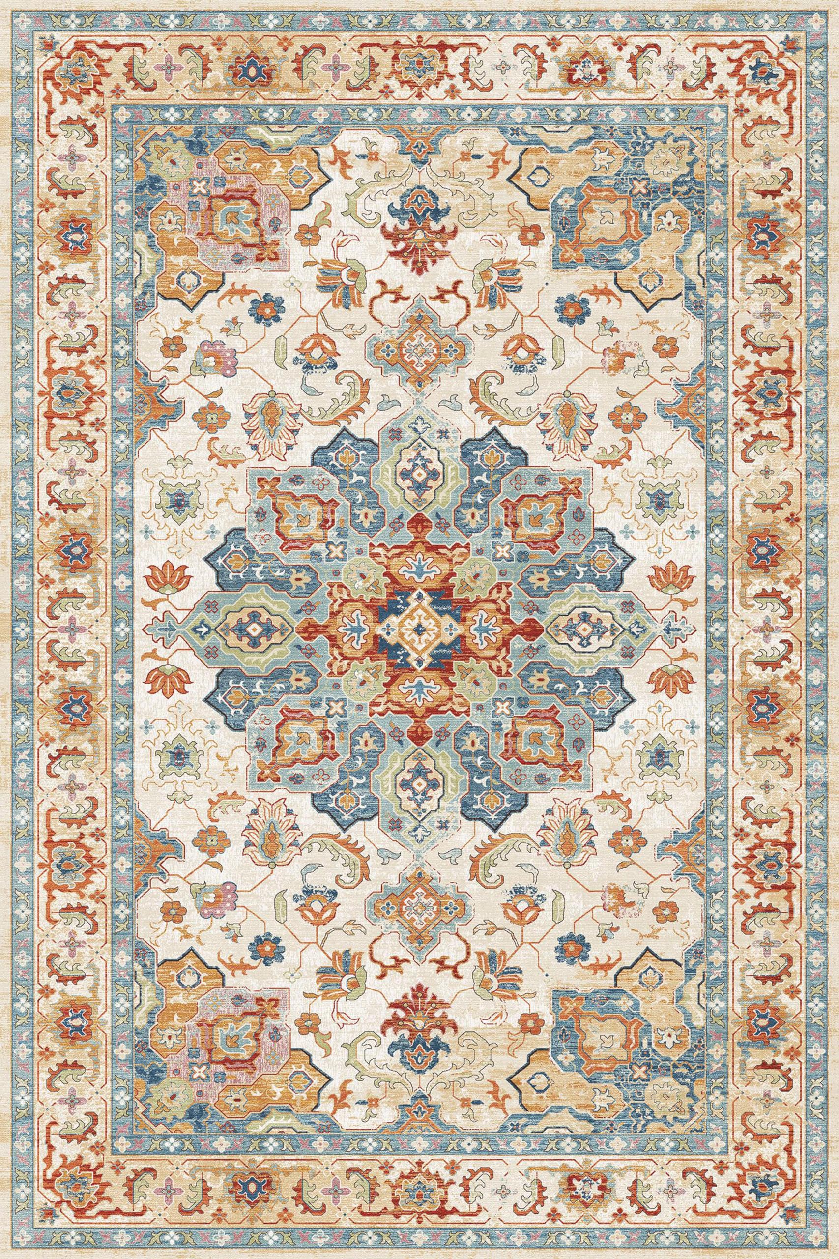 Yancorp 5'x7' Boho Area Rug for Bedroom Non Slip Washable Rug Vintage Carpet Living Room Non-Shedding Hallway Runner Rug Indoor Floor Mats Bedroom Kitchen Entryway Rugs-Rectangular Blue Red