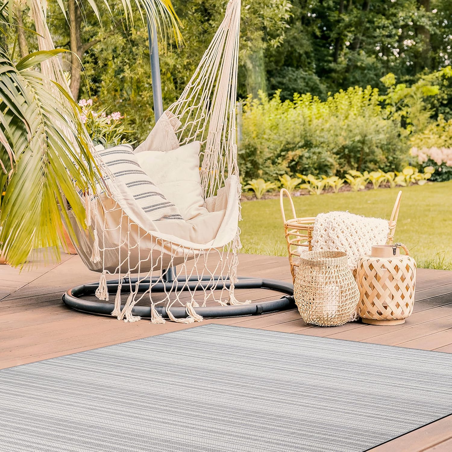 Beverly Rug Beige Striped Indoor Outdoor Rug, Outside Carpet for Patio, Deck, Porch 6X9 6' x 9' Rectangle