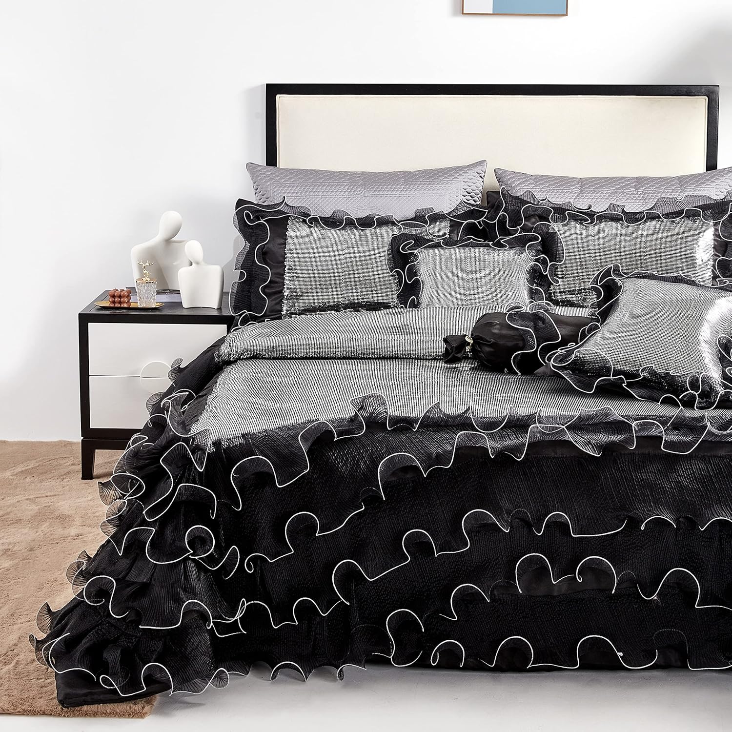 Tache Black Silver Ruffled Comforter Luxury Elegant Embellished Bedding Sequin