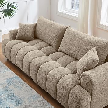 VANOMi 91 Boucle Tufted Sofa, 3 Seater Cloud Couch with Pillows, Camel | Upholstered Cloud Couches, Modern Deep Seat Sherpa Couch for Living Room, Bedroom, Apartment, Comfy Sofa with Back Pillows