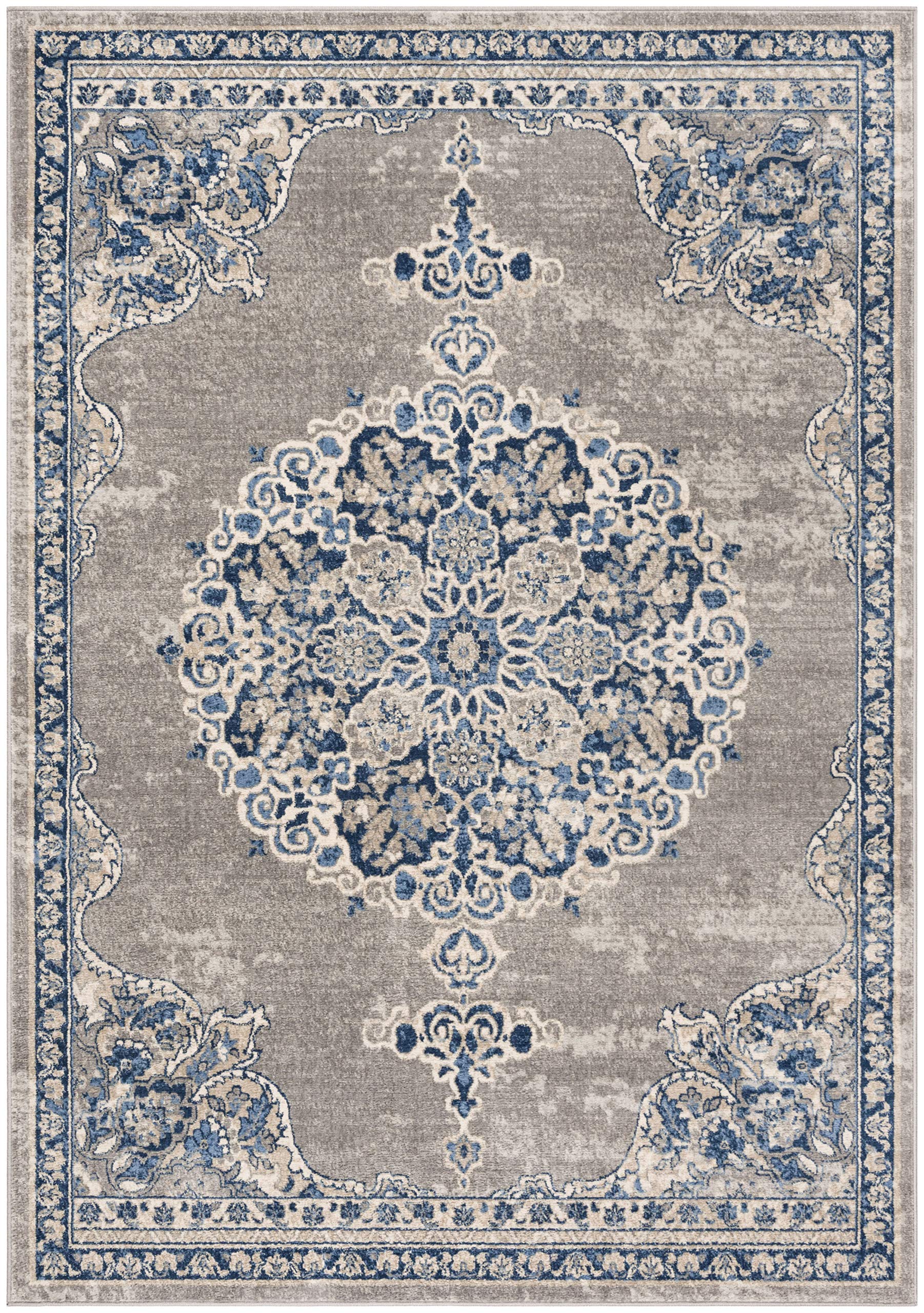 SAFAVIEH Tapis Traditionnel Pour Salon, Salle à manger, Chambre à coucher - Brentwood Collection, Tapis à poil court, Gris clair et bleu, 122 X 183 cm