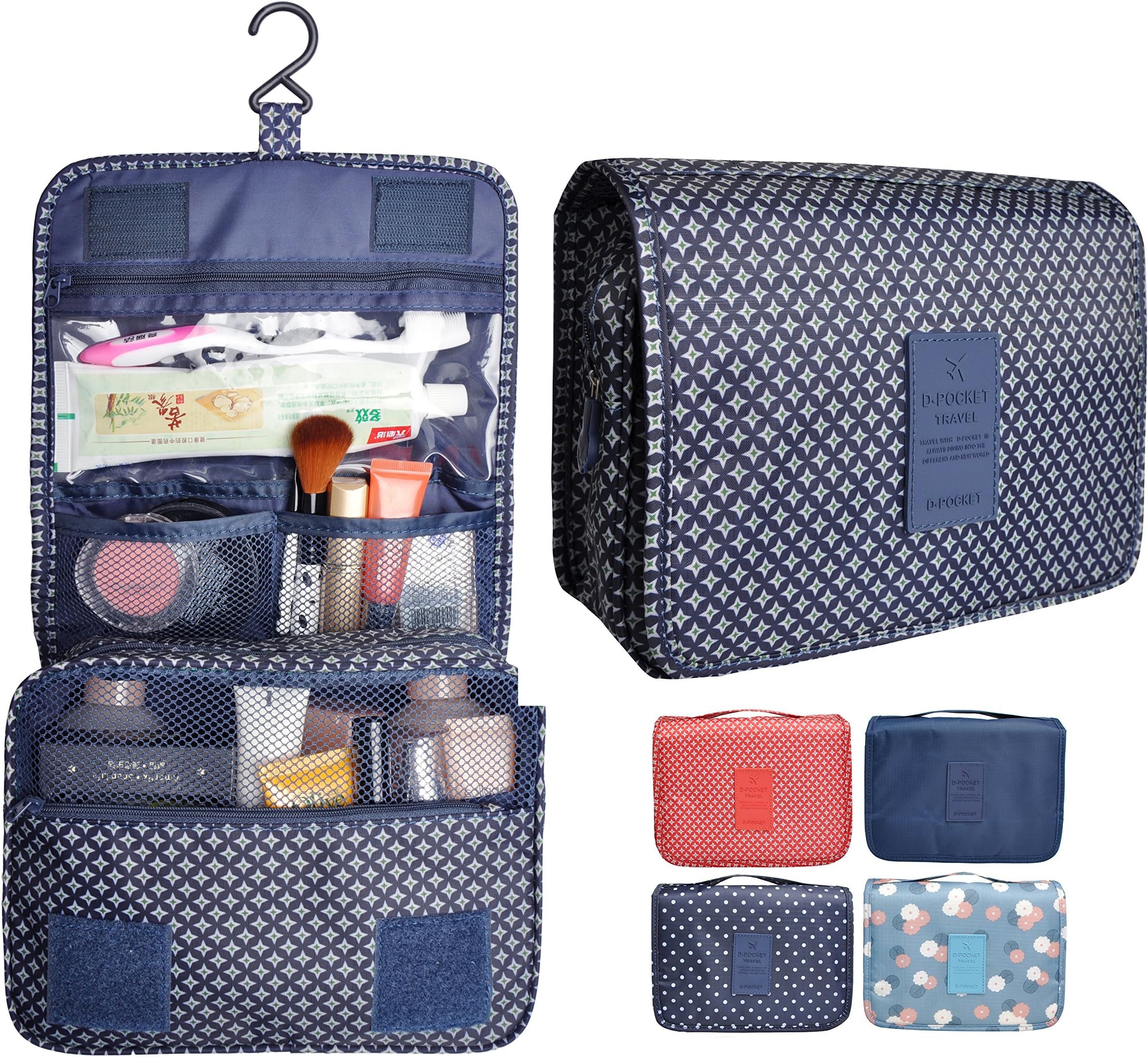 Portable Waterproof Travel Makeup Bag - Lady Color Foldable Organizer Travel Cosmetic Toiletry Bathroom Beach Bag for Women/Men, Shaving Kit with Hanging Hook for vacation (Navy Star)