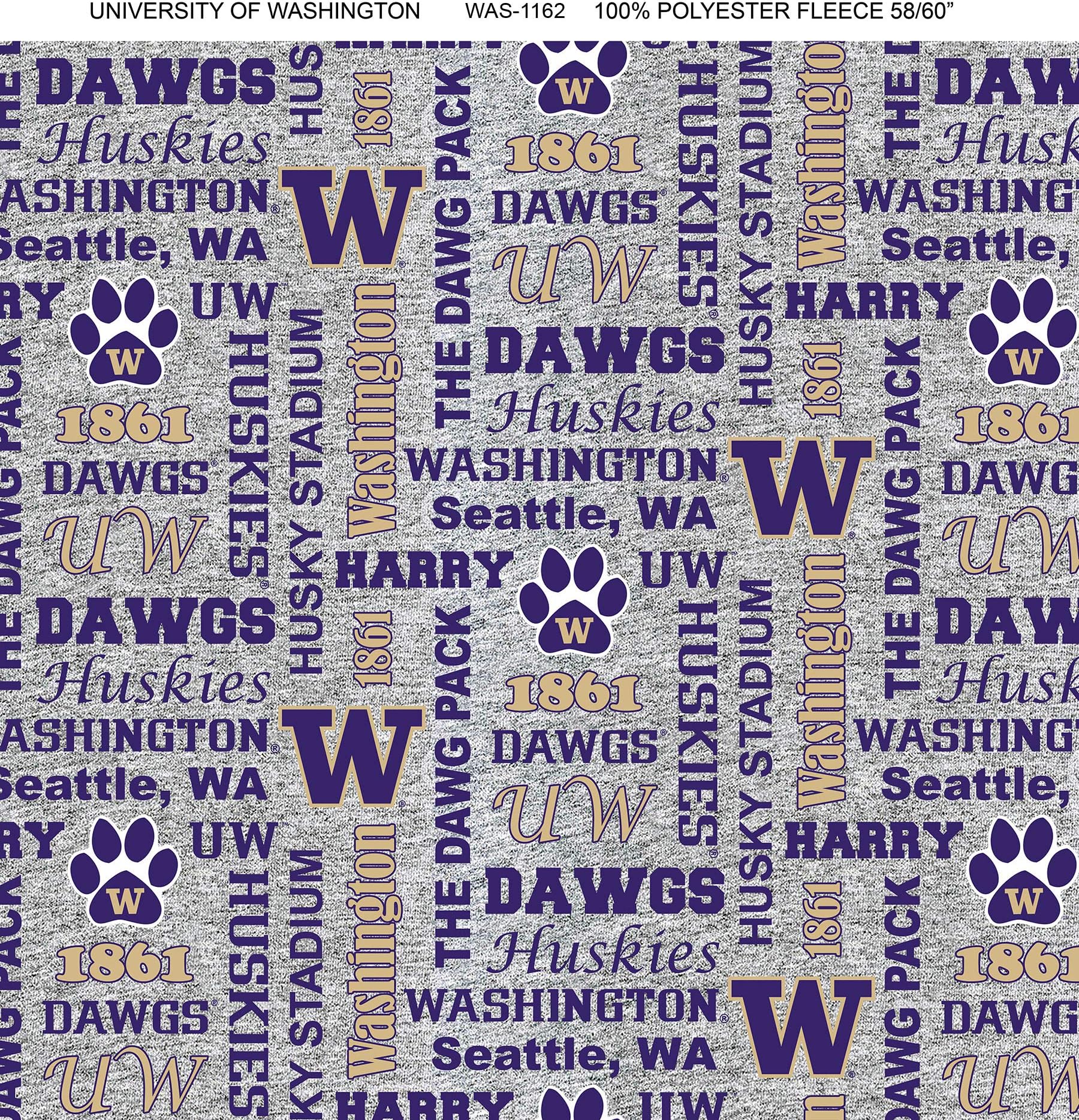 University of Washington Huskies Fleece Blanket Fabric with Verbiage on Heather Ground-Sold by The YardVerbiage Heather Fleece Fabric-Fleece Blanket Fabric