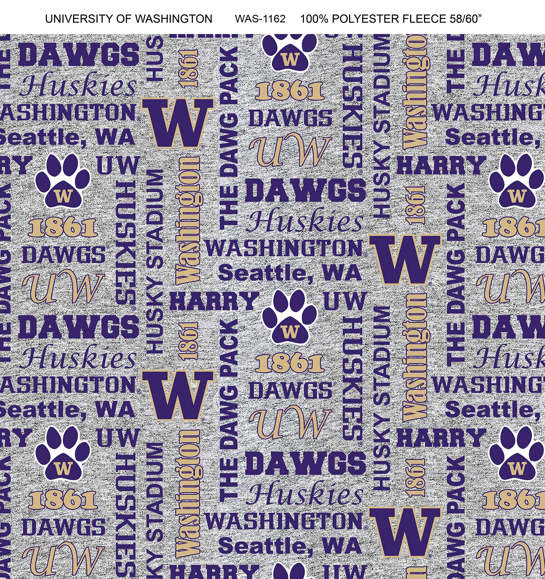 University of Washington Huskies Fleece Blanket Fabric with Verbiage on Heather Ground-Sold by The YardVerbiage Heather Fleece Fabric-Fleece Blanket Fabric