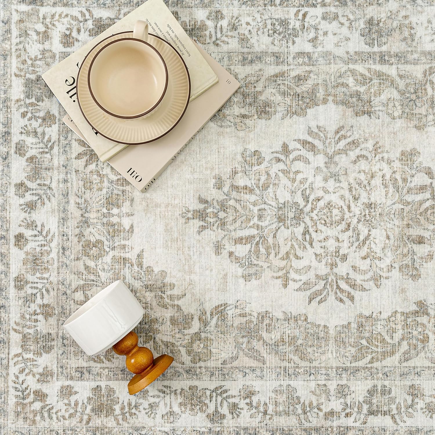 PureCozy 3x4 Area Rug Beige Washable Office Vintage Distressed Carpet Bedroom Indoor Neutral Medallion Floral Living Room Non Slip Retro Throw Floor Mat for Dining Room Kitchen Bathroom
