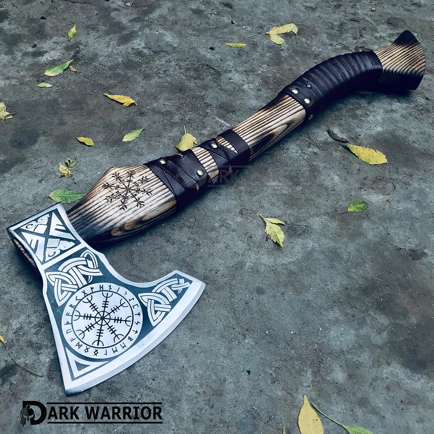 [Dark Warrior] Handmade Forged Carbon Steel Aegishjalmr Viking Axe with Sheath - Traditional Norse Bearded Axe Hatchet - 'Helm of Awe' Symbol Hand Craved Solid Handle (Aegishjalmr Viking Axe 22")