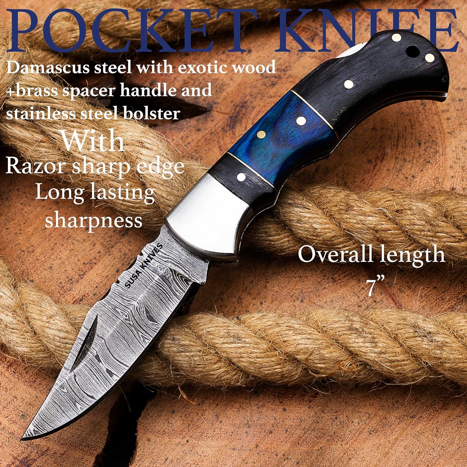 Damascus Steel Pocket Knife Handmade cowboy Knives for Outdoor, Camping, Hiking Back Lock Blade EDC knife pancake leather sheath