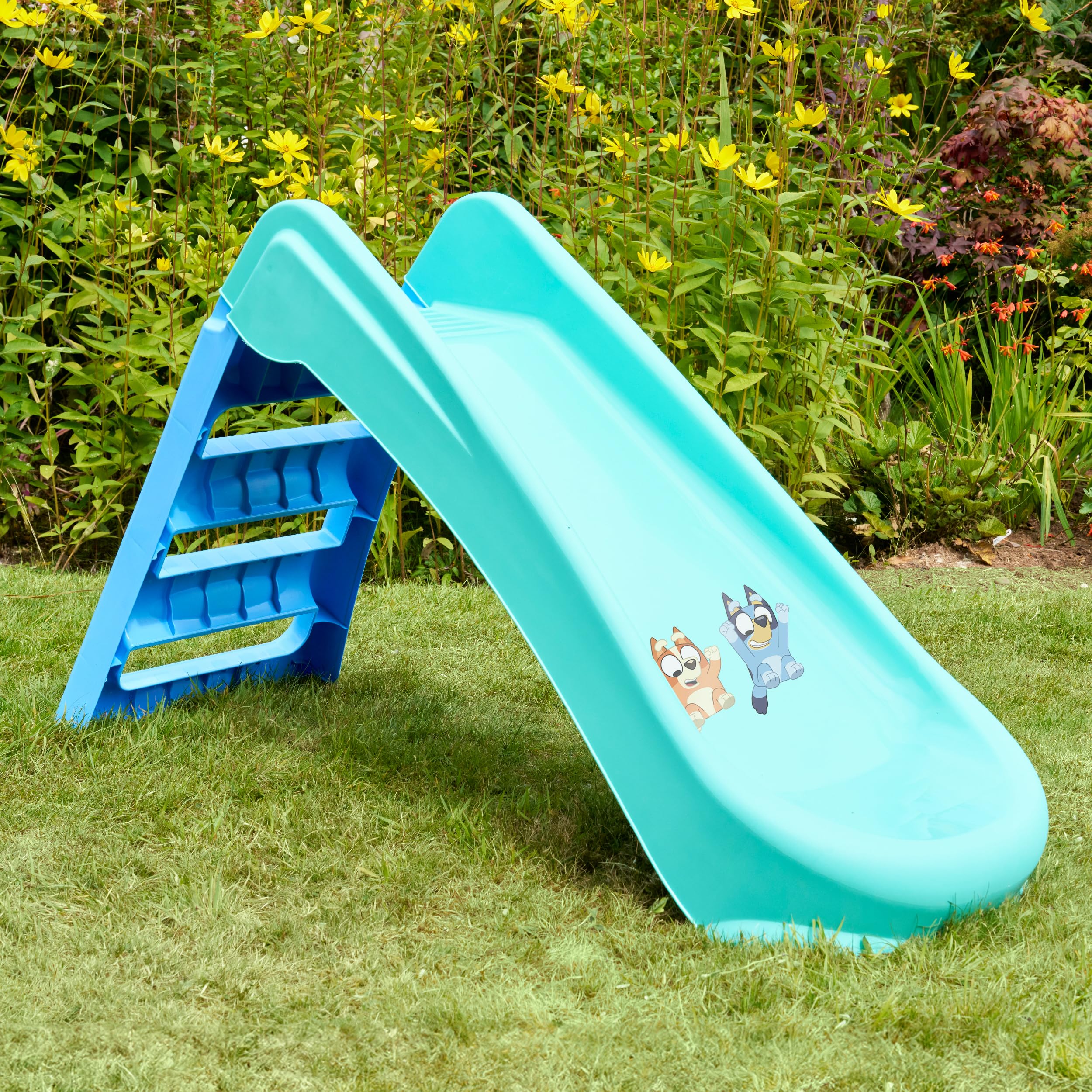 Bluey Scivolo pieghevole per interni ed esterni con scala, design facile da piegare, in plastica resistente, per bambini dai 18 mesi in su, attrezzatura da gioco leggera da giardino