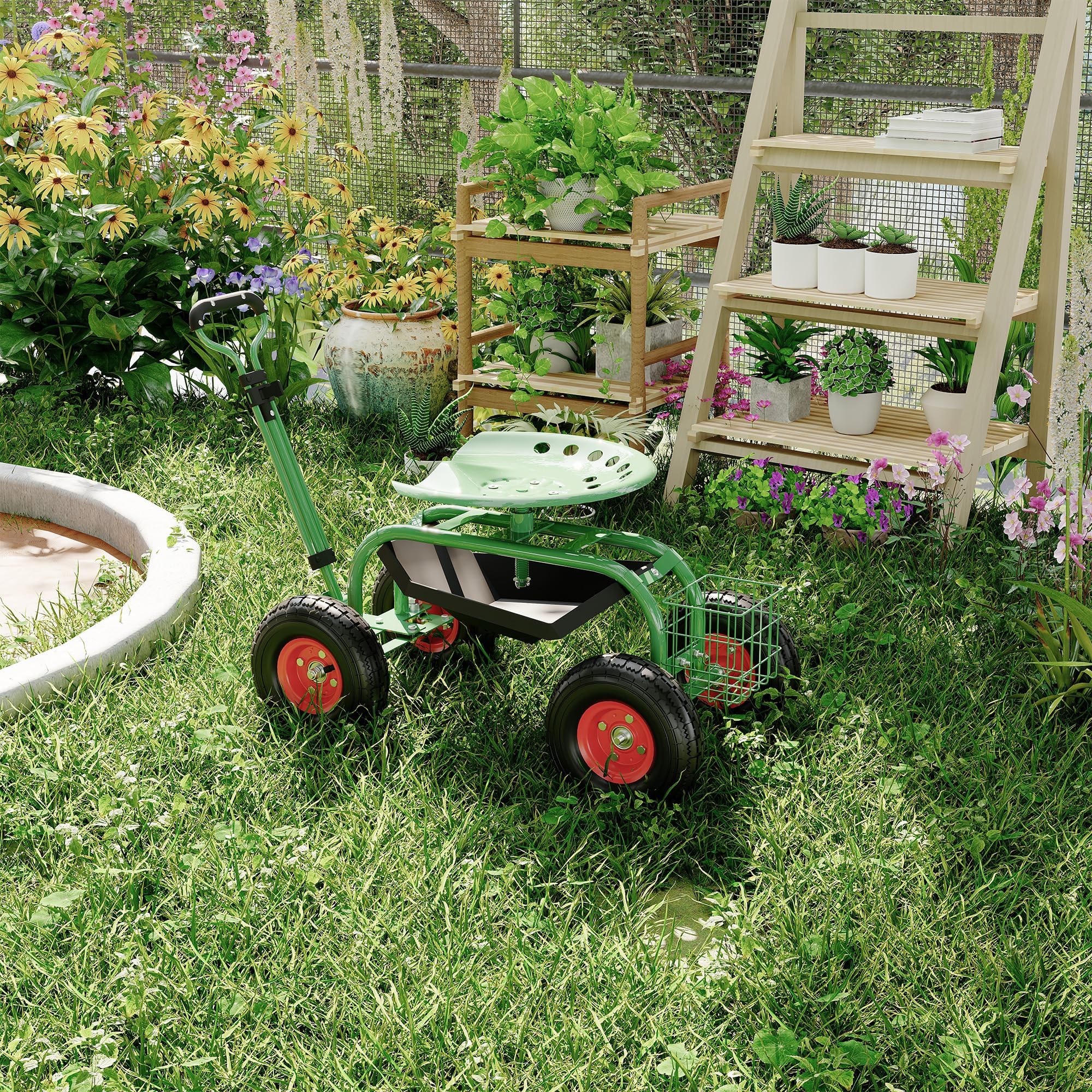 Carrello Da Giardino Con Sedile Su Ruote, Sgabello Da Giardino Con Ruote, Sgabello Da Giardinaggio Resistente Per Piantare Con Sedile Girevole a 360 Gradi, Maniglia Di Sterzo e Vassoio Portau