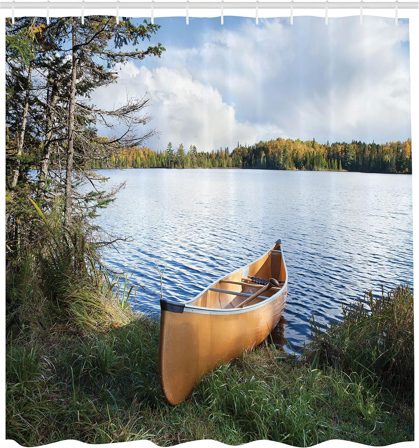 Ambesonne USA Shower Curtain, Canoe on The Shore of a Northern Minnesota Lake During Autumn Relaxation Vacation Time, Cloth Fabric Bathroom Decor Set with Hooks, 69" W x 70" L, Multicolor