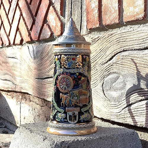 Miniatura 5 de Essence of Europe Gifts E.H.G OktoberfestHaus - Taza grande de cerveza con tapa de metal, pintada a mano, grabada a mano, con tapa de metal, 1 litro