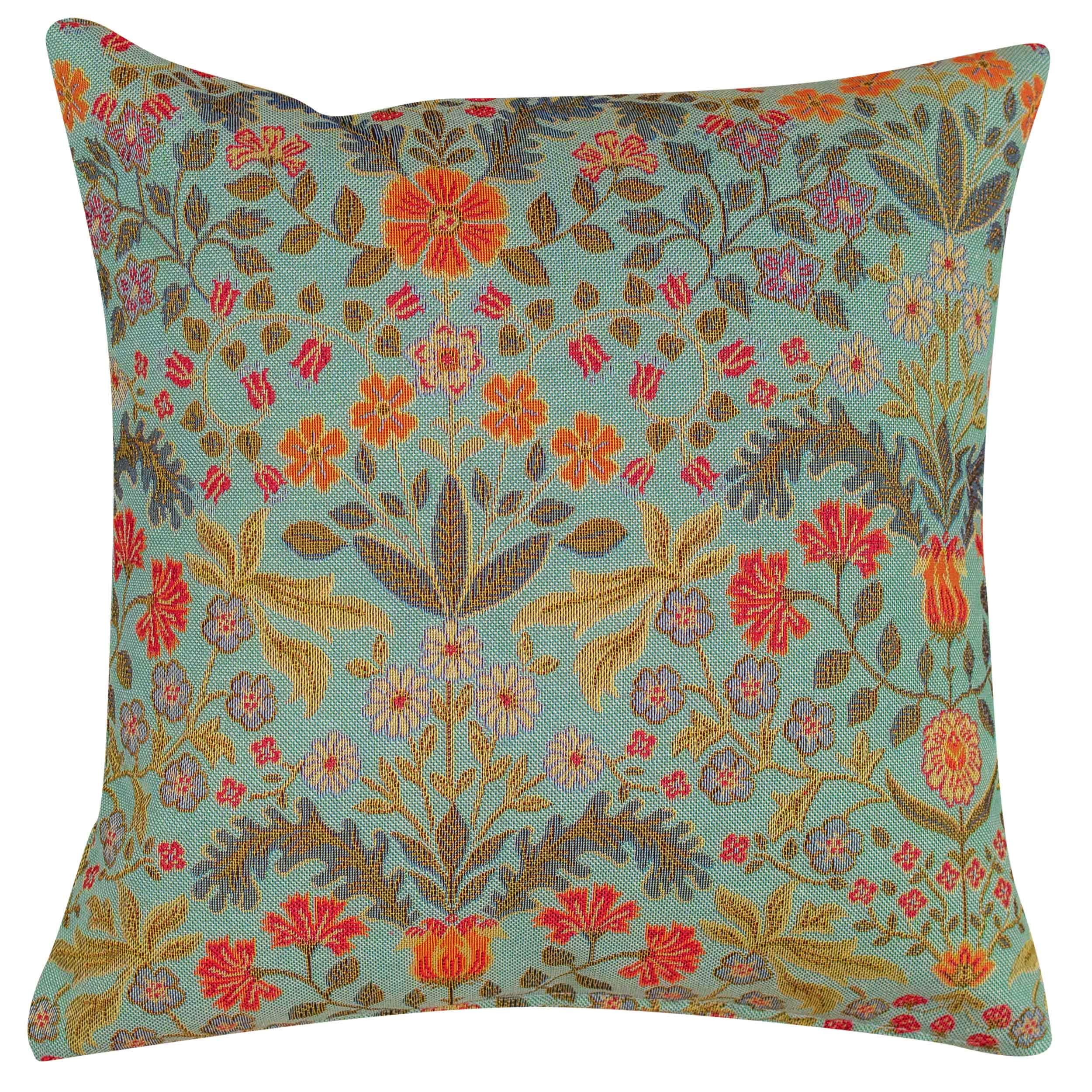Linen Loft Duck Egg Vintage Morris Styled Leaves And Berries Tapestry Cushion Cover. 17X17 Square. Double Sided. Apricot And Shades.