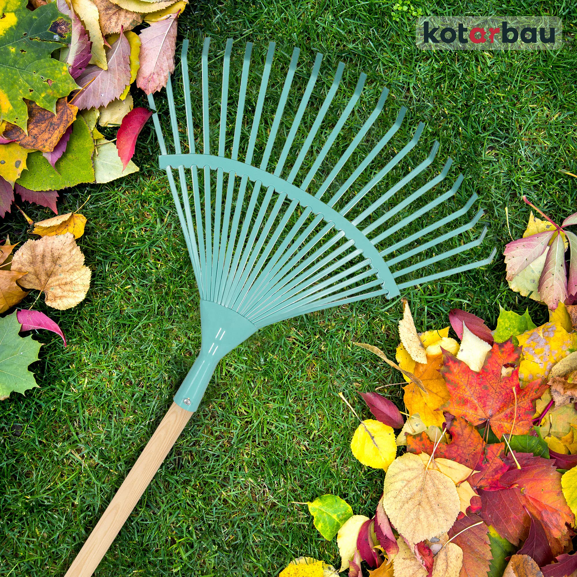 KOTARBAU® Rastrillo Jardín - Acero - 41 cm - Rastrillo Hojas Jardín - con Mango 187 cm - Herramienta Robusta para Jardinería - Turquesa y Madera Natural