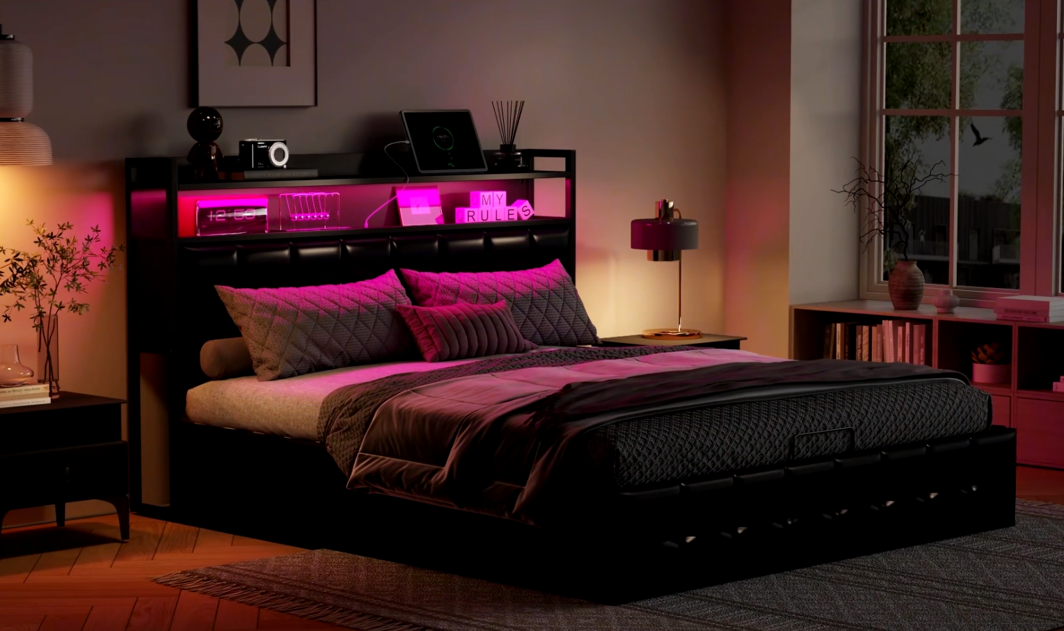 Lit Double 160x200 Avec Rangement - 2 Tiroirs Et Coffre - LED Intégrée Et Ports USB - Tête De Lit En Lin Noir - Sommier à Lattes Inclus