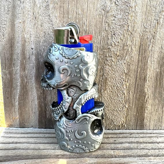 Double Skull Head Pattern Skeleton Metal Lighter Case Cover Holder fits BIC Full Standard Size Lighter J6