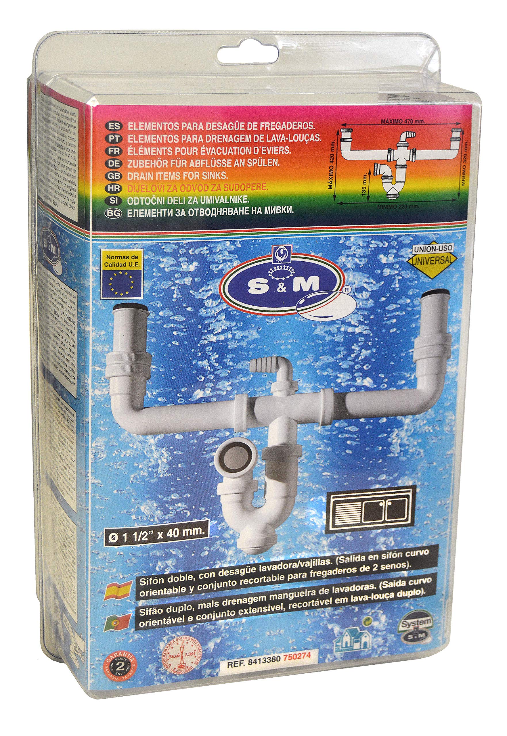 S&M 750274 Sifón Doble Curvo con desagüe lavadora/lavavajillas Ø 1 ½” x 40 mm