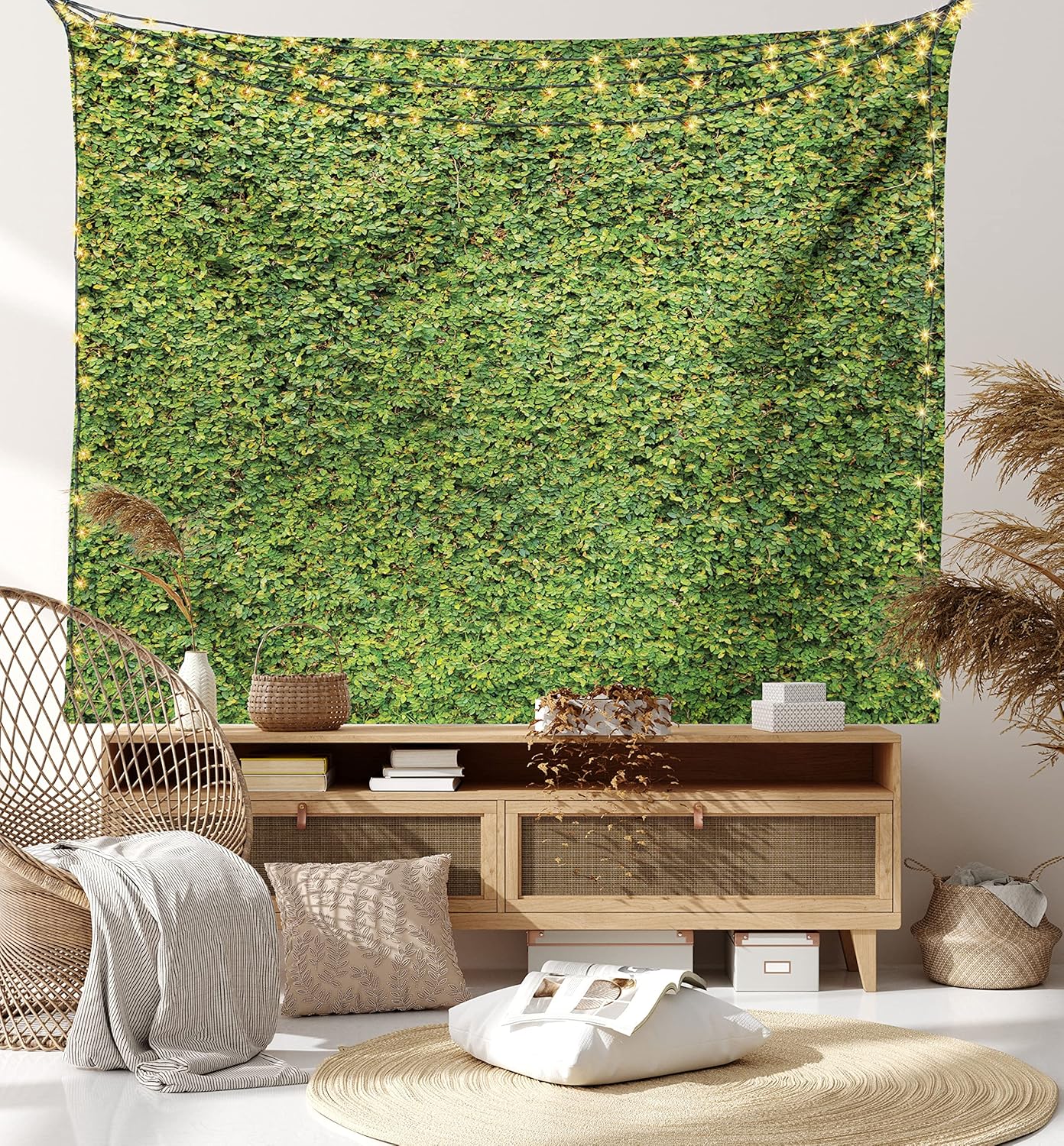 Lunarable Boxwood Hedge Tapestry King Size, Foliage Awaking Nature Spring Leaves Bush Shrub Verdure Refreshing Greenery, Wall Hanging Bedspread Bed Cover Wall Decor, King Size, Green