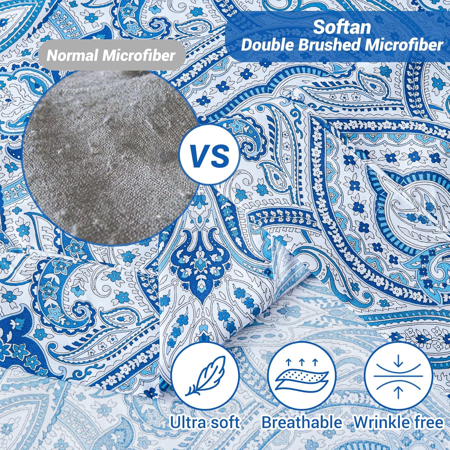 Softan Blue Twin Size Sheet Set, Paisley Printed Bed Sheets for Single Bed, 3-Piece Microfiber Fitted Sheet with 15" Deep Pocket & Non-Slip Straps, Patterned Bedding Sheets & Pillowcase Set - Image 3