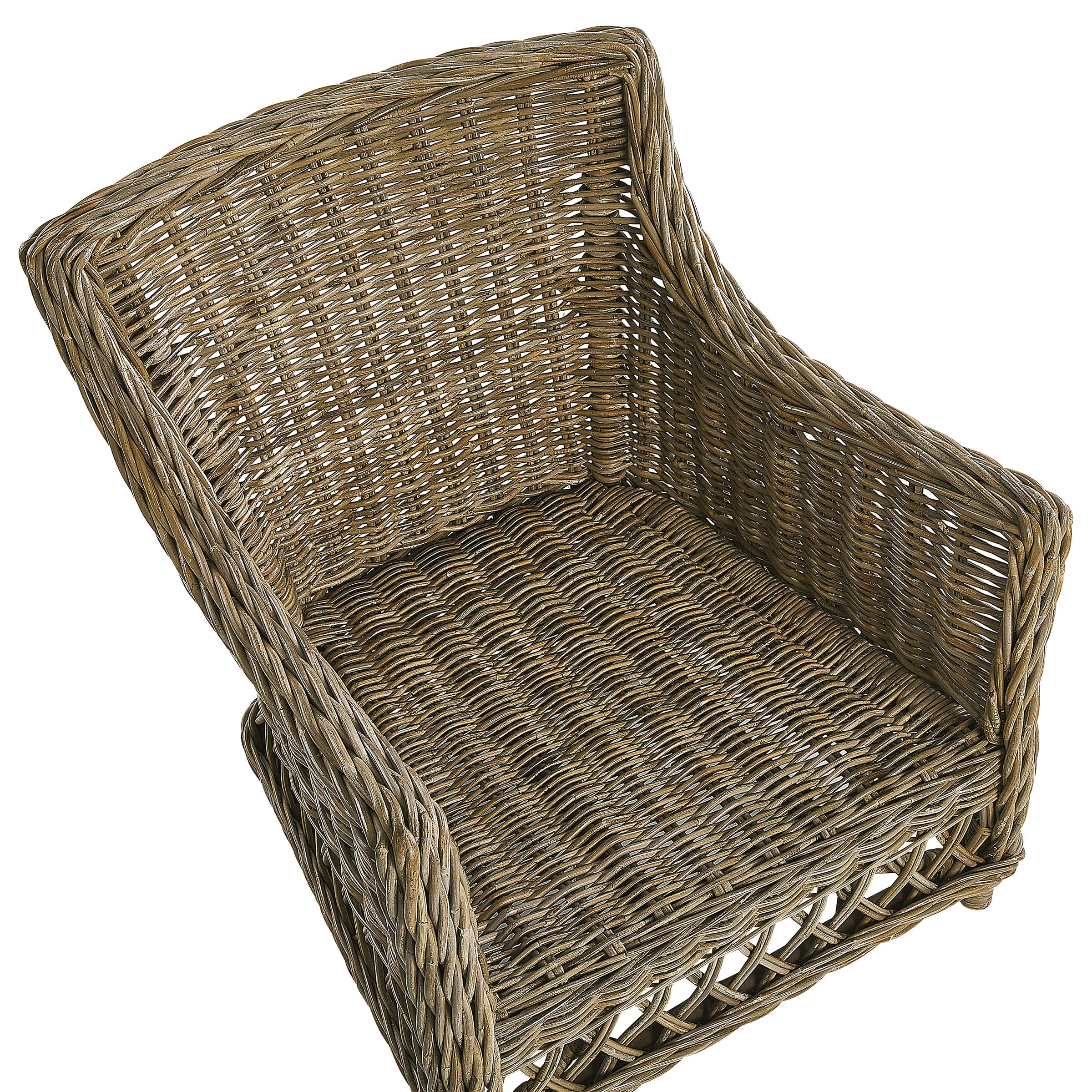 Poltrona da giardino in rattan naturale con cuscini in cotone bianco