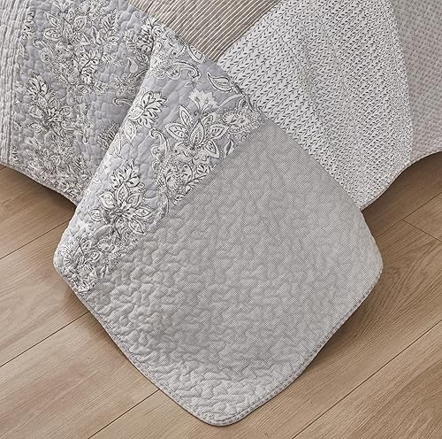 Vista 109 de Chezmoi Collection Samuel Juego de colcha con relleno de cuadros gris pardo, blanco y azul marino, 3 piezas, retales, algodón prelavado, ligero