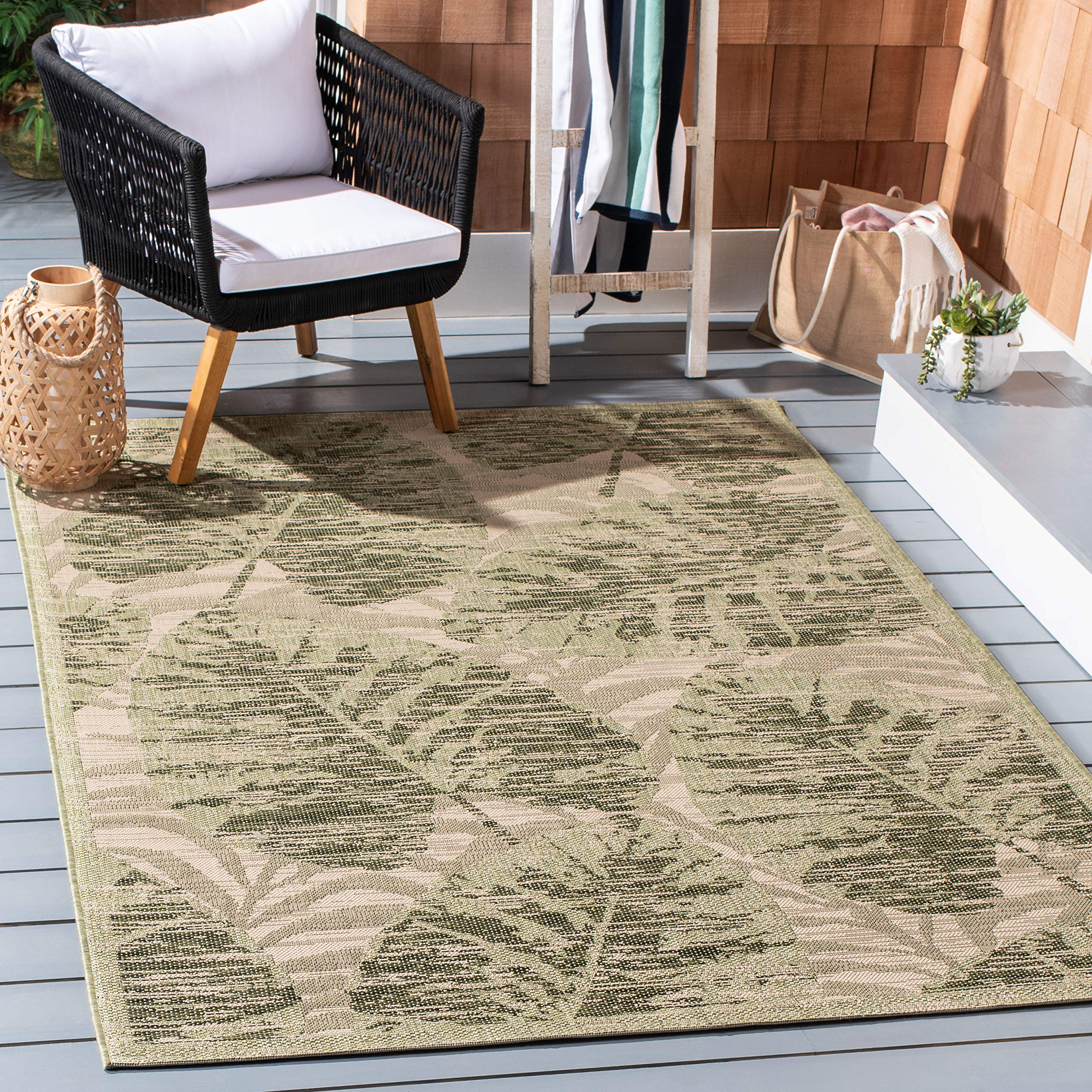 SAFAVIEH Washable Rug Outdoor Courtyard Collection - 9' x 12', Green & Beige, Non-Shedding & Easy Cleaning, Ideal for Patio, Backyard, Mudroom (CY7556