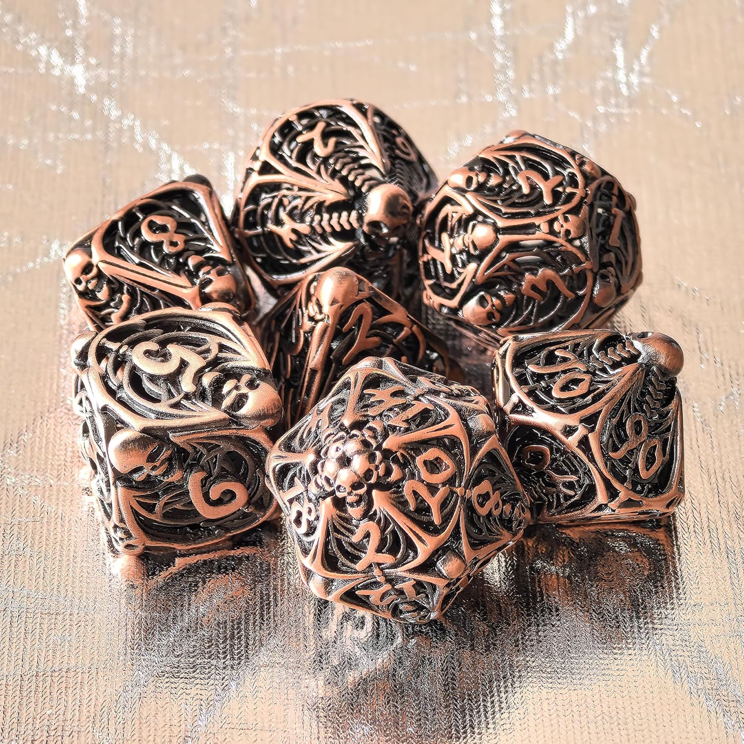 DND Metal Set Dice 7 Role Playing Dice Skull Feature, Hollow Metal D&D Dice Dungeons and Dragons (Antique Copper)