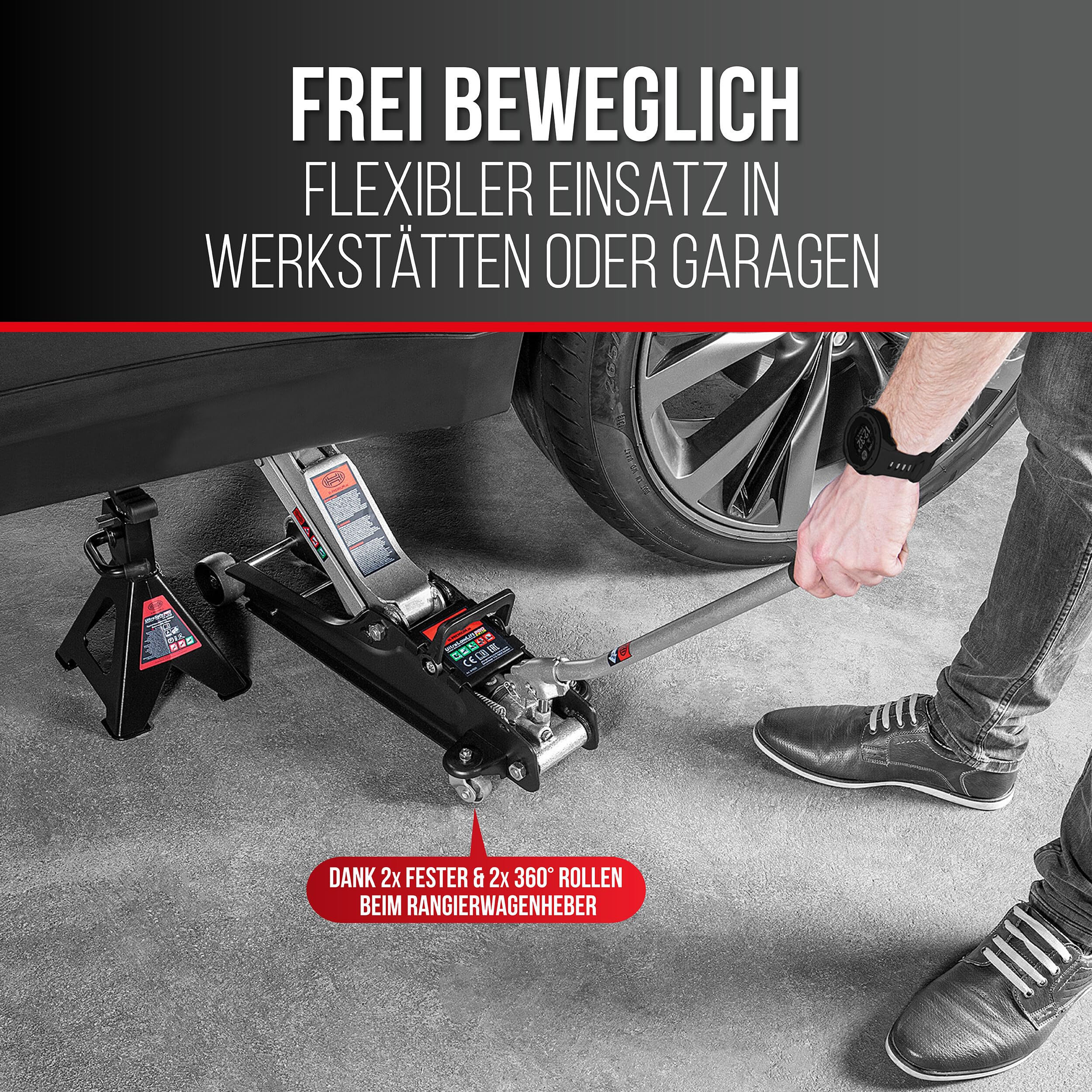HEYNER® Zestaw hydraulicznych podnośników manewrowych 2,25 t – wyjątkowo płaski (85–380 mm), 2 koła obrotowe, gumowe talerze o średnicy 45 mm, w zestawie gumowa podkładka do samochodów marki Audi,