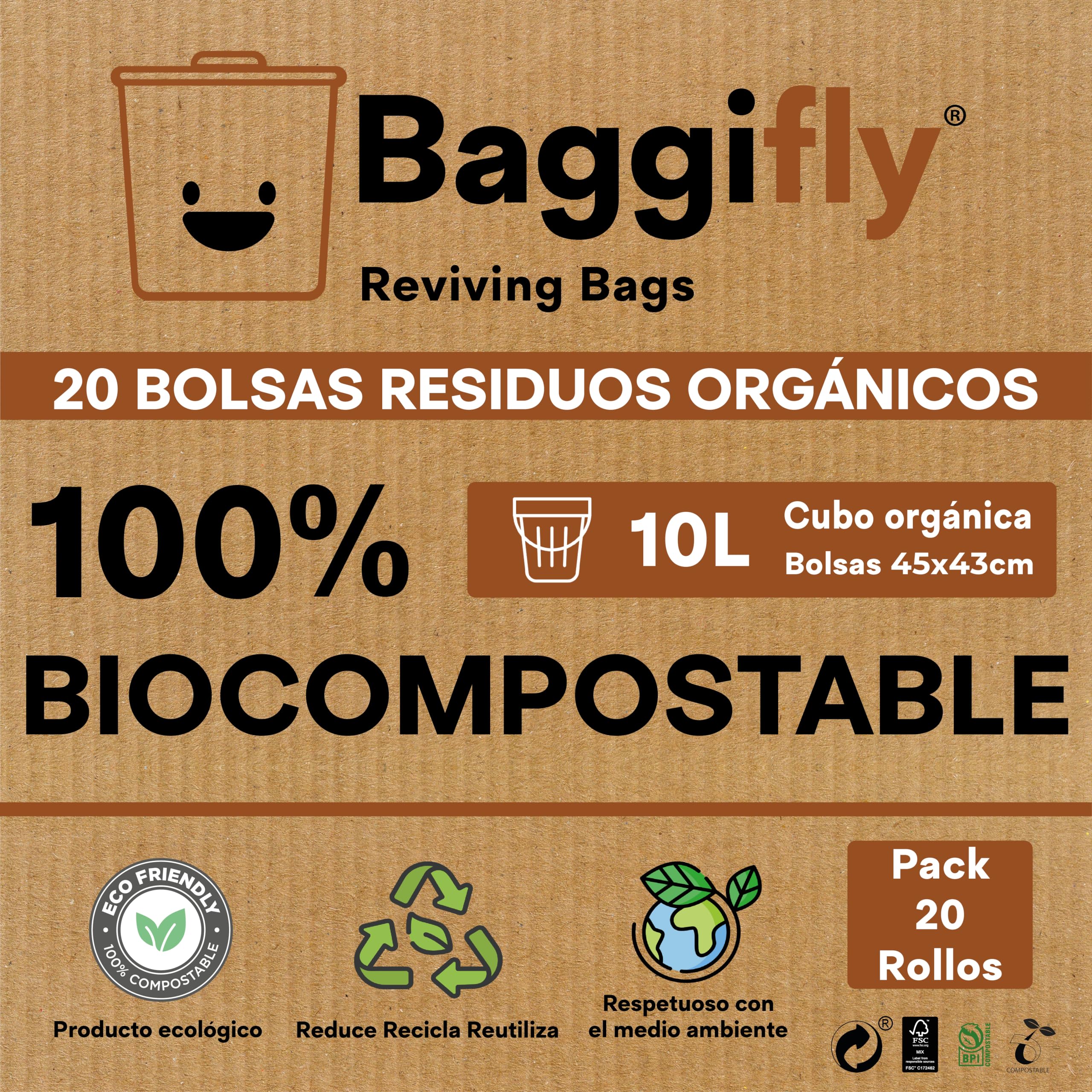 Baggifly, Bolsas de Basura Biodegradables 10L, 400 Bolsas Basura Compostables, ECO Friendly, Cubos Pequeños y Residuos Orgánicos, Pack 20 x 20, Fabricado en España