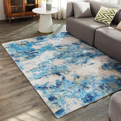 Miniatura 8 de Carvapet Alfombra moderna lavable de 4 x 6 pies, alfombra abstracta ultra delgada con parte trasera de goma, antideslizante para interiores,