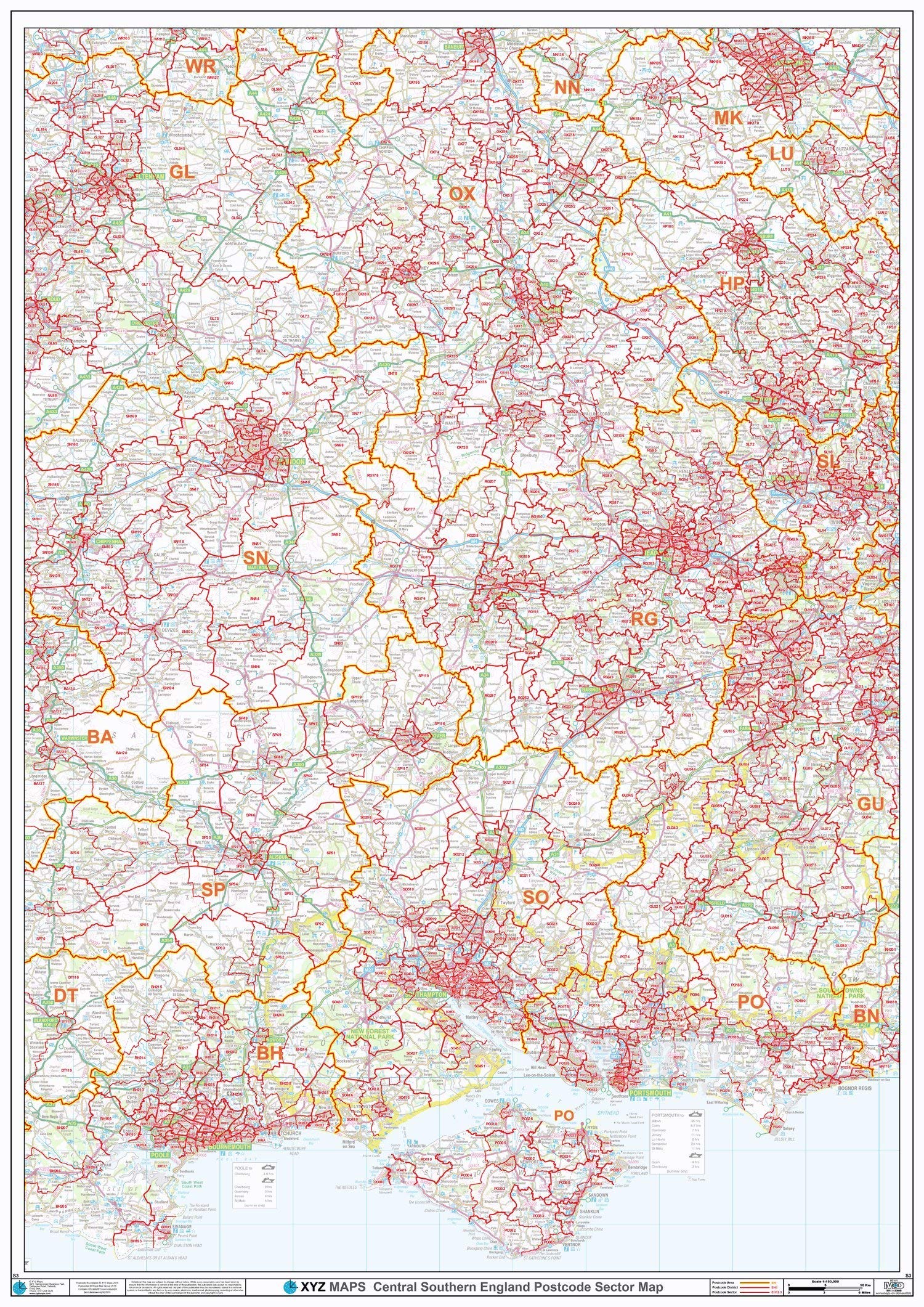 Postcode Sector Map - (S3) - Central Southern England - Wall Map-Paper