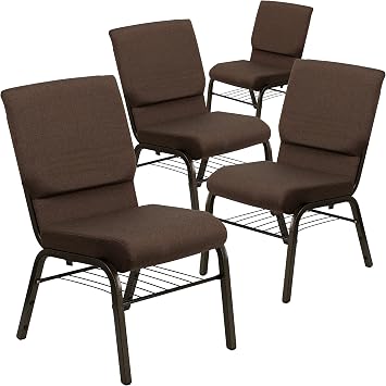 BizChair 4 Pack 18.5"W Church Chair in Brown Fabric with Book Rack - Gold Vein Frame