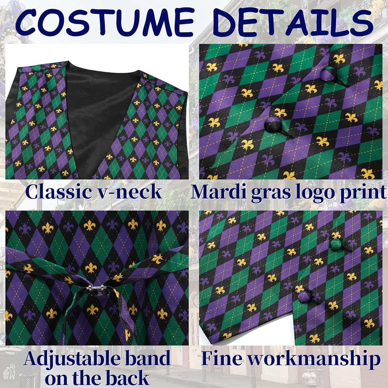 Mens Mardi Gras Vest and Bow Tie, Mens Carnival Suit Vest with Bow Tie and Pocket Square Set, Mardi Gras Outfit - Image 5