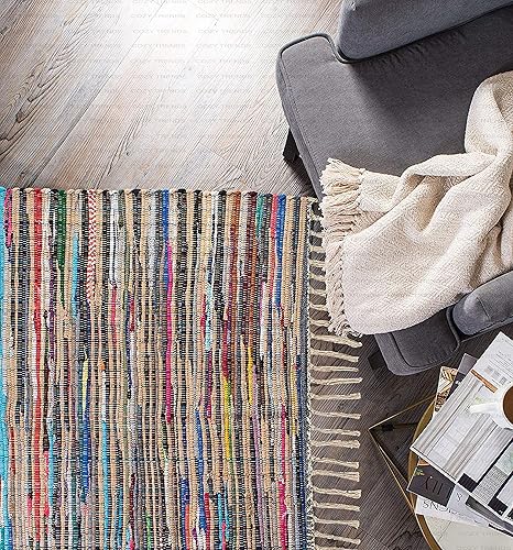 Miniatura 120 de Alfombra de trapo de algodón, 24 x 36 pulgadas, multicolor, tejida a mano, lavable y reversible, para sala de estar, cocina, entrada, con borlas