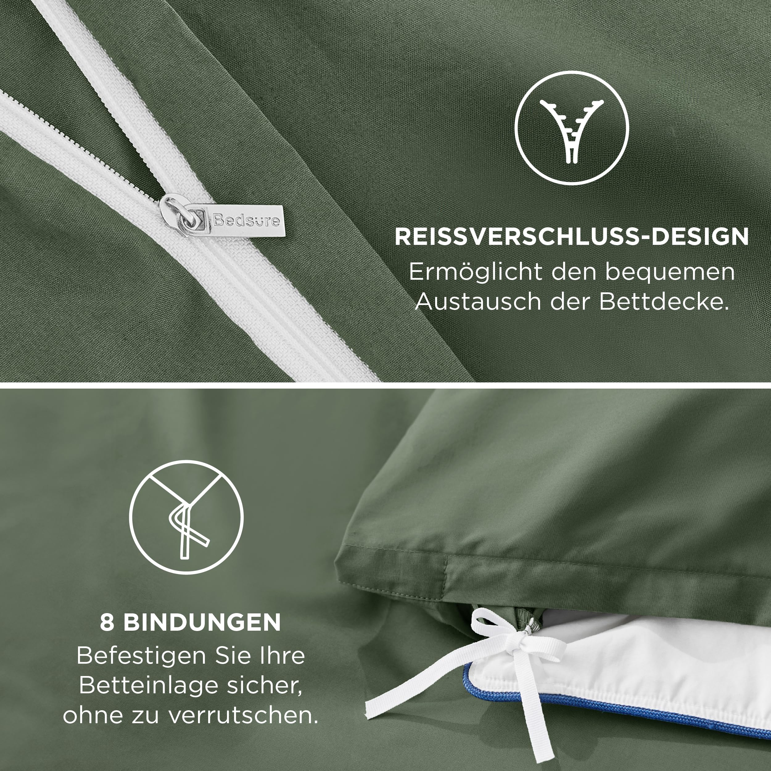 BEDSURE Beddengoed 135 x 200 cm, 2-delig, olijfgroen, zacht, Öko-Tex polyester microvezel, beddengoedset, 1 dekbedovertrek van 135 x 200 cm met ritssluiting en 1 kussensloop van 80 x 80 cm