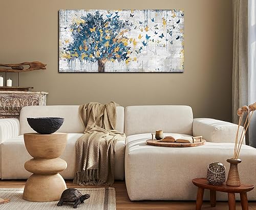Miniatura 3 de Kepgonegu Arte de Lienzo Grande para Pared Árbol Azul Mariposas Doradas Cuadro Grafiti Gris Abstracto Impresiones en Lienzo Listo para Colgar para