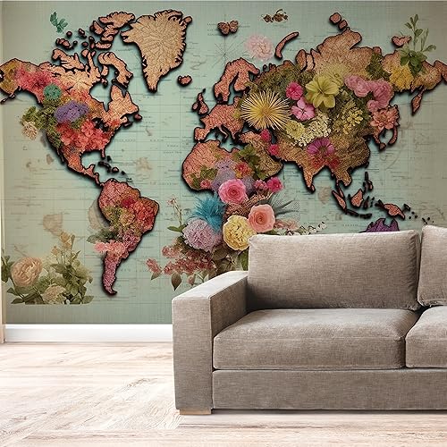 Miniatura 6 de Papel tapiz de mapa del mundo con flores de primavera para pared del hogar y la oficina, países y océanos, decoración mural extraíble, opciones de