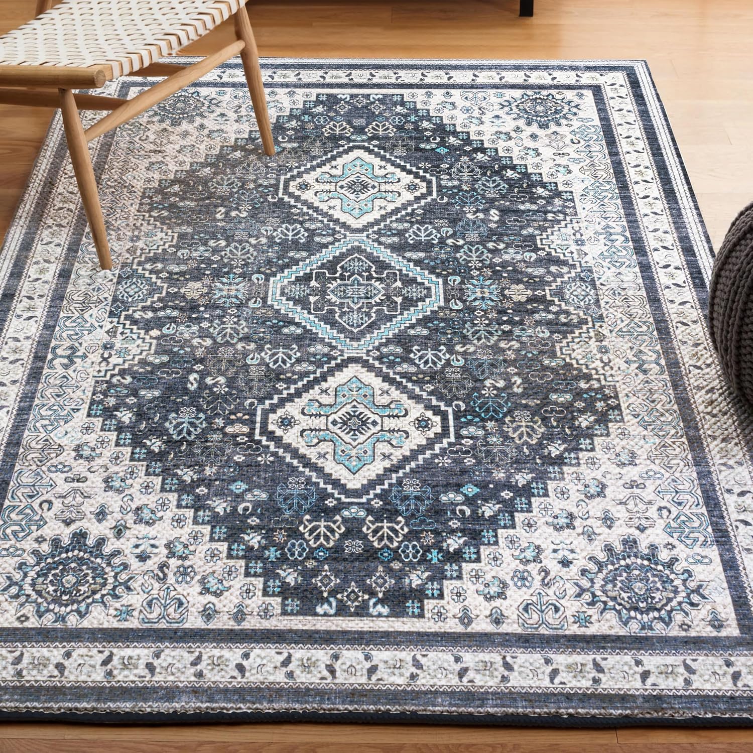 JONATHAN Y Machine Washable Indoor Area Rug 3X5 Navy/Light Gray, Dalyan Geometric Medallions for Living Room, Bedroom, Kitchen, Office, Easy-Cleaning, Pet-Friendly, Non-Shedding WSH101D-3