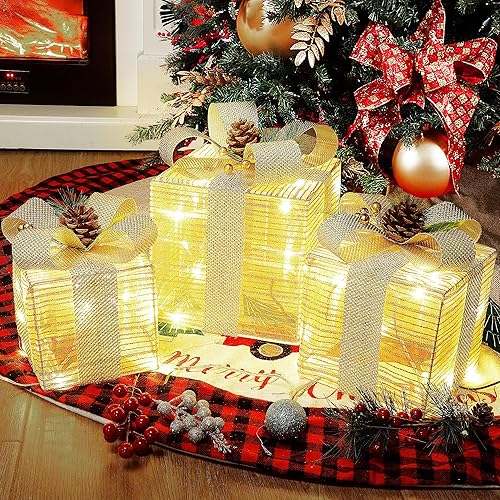 Lulu Home Cajas de Navidad iluminadas, 60 luces LED para regalos de Navidad con lazo, cajas de Navidad iluminadas enchufables para árbol de Navidad,