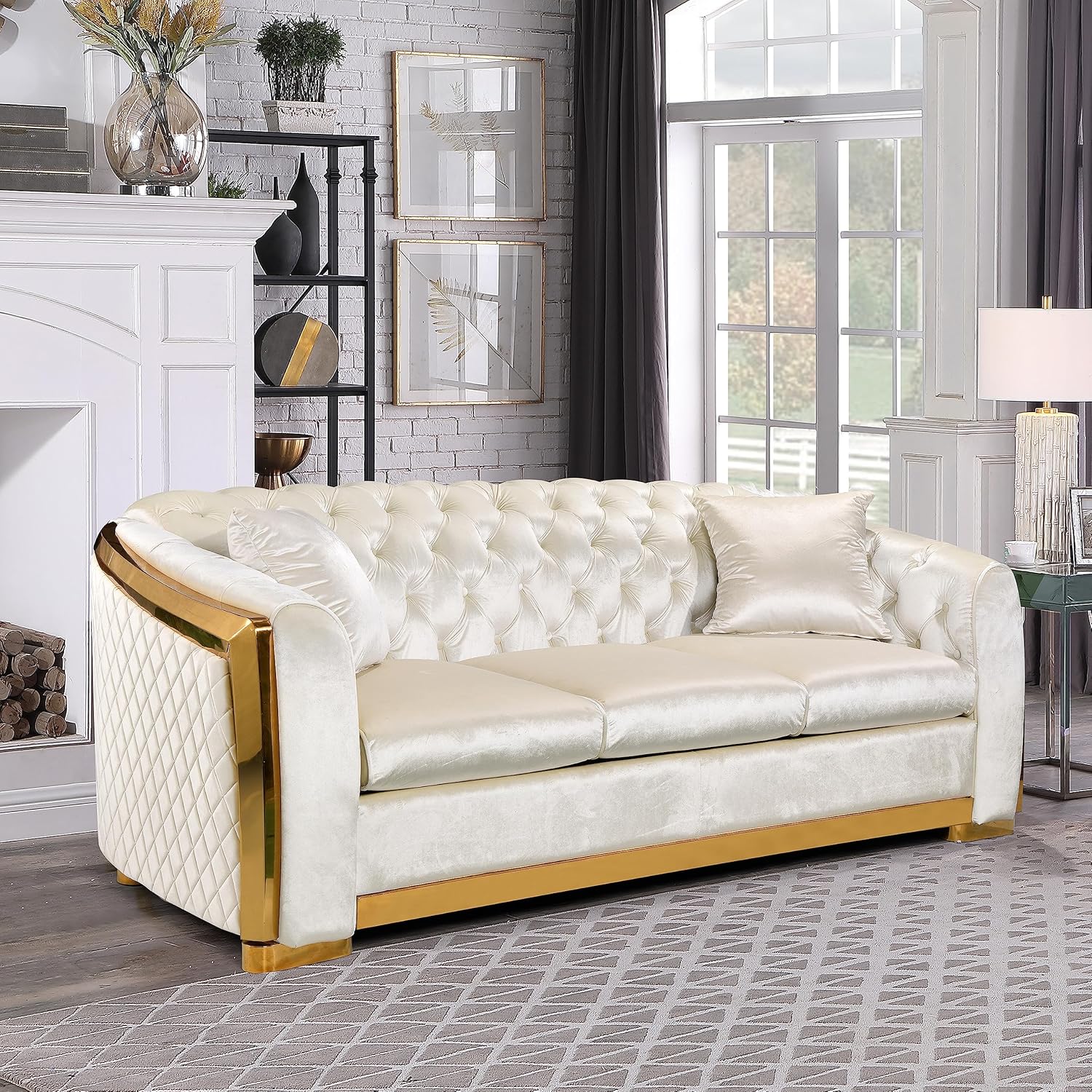 velvet chesterfield sofa beige gold legs closeup tufted back