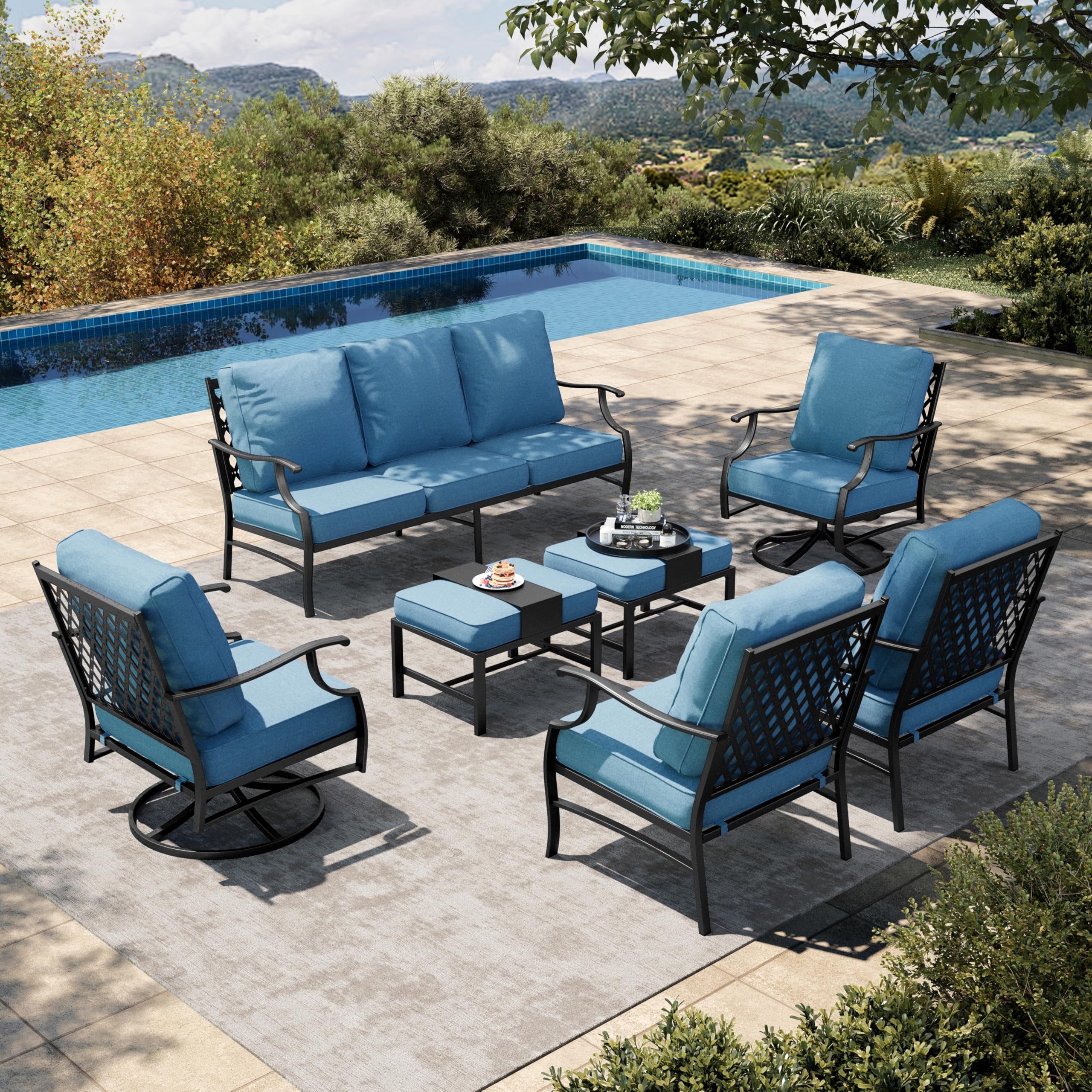 HERA'S HOUSE 7 Piece Patio Furniture Set, 2 x Swivel Chair, 2 x Leg Chair, 2 x Ottoman, 1 x 3-Seat Sofa, All Cushioned 9 Seats Metal Outdoor