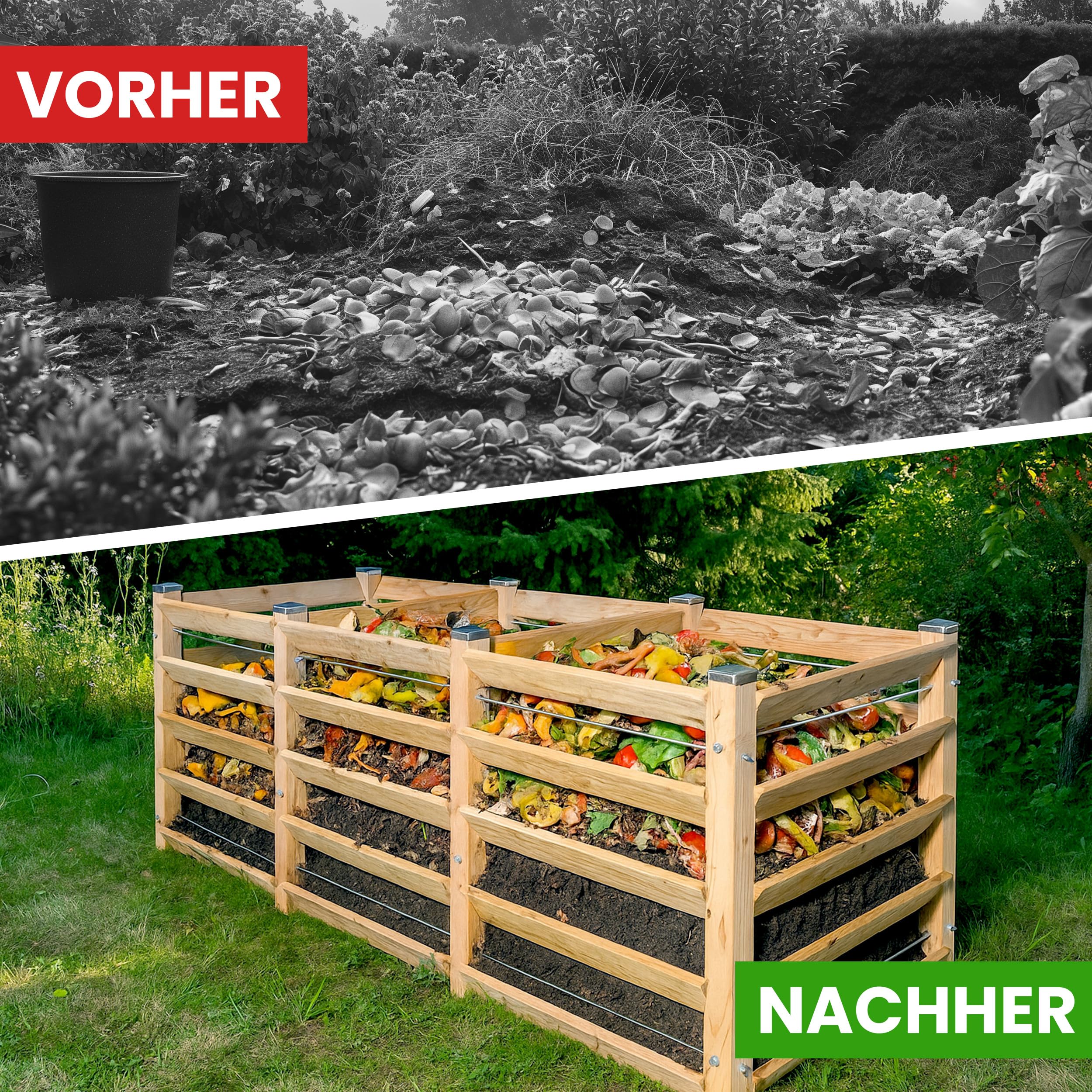 Moderner Komposter Trio ca. 80 x 226 cm Höhe 80 cm aus Lärchenholz Massivholz Steckkomposter Holzkomposter