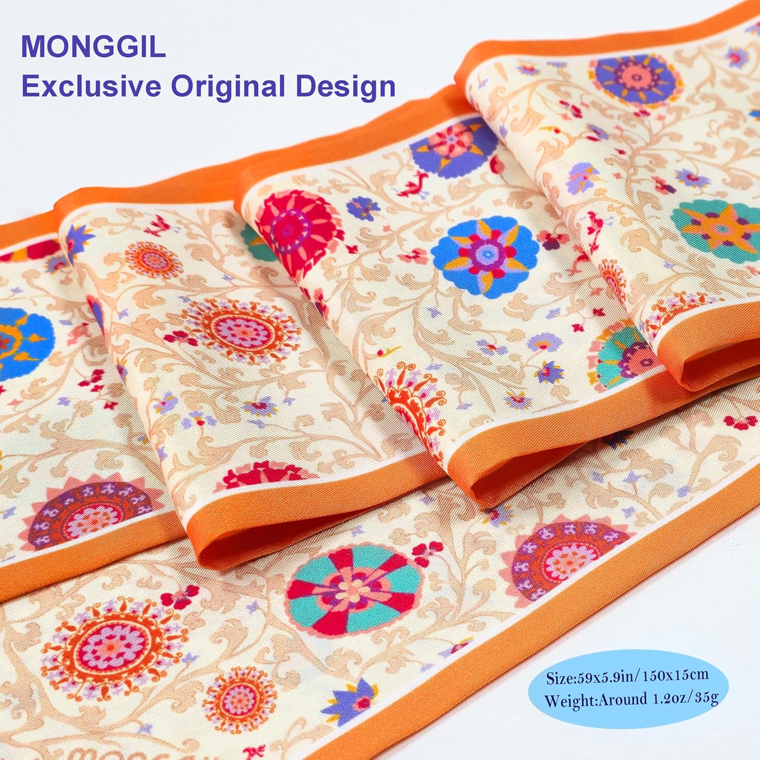 Long Skinny Scarf for Women – 59” Silk-Like Twill, Original Navy Blue Paisley Print, Hair Scarf & Neck Wrap